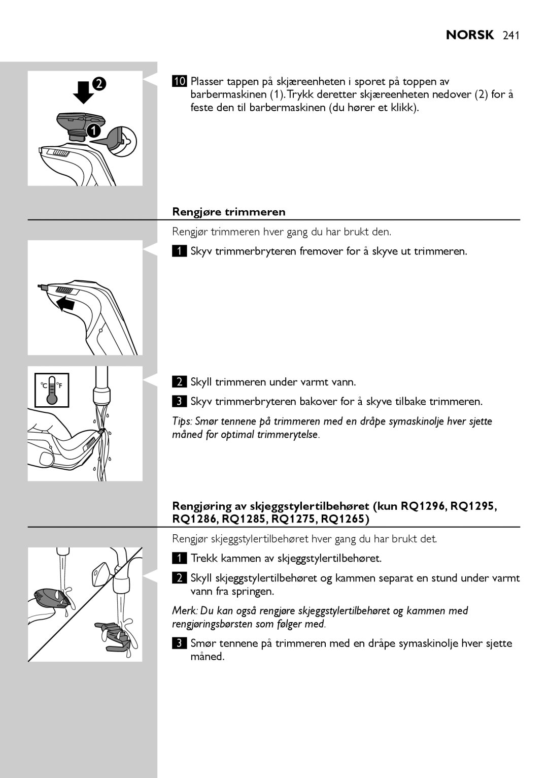 Philips RQ1200 user manual Rengjøre trimmeren 