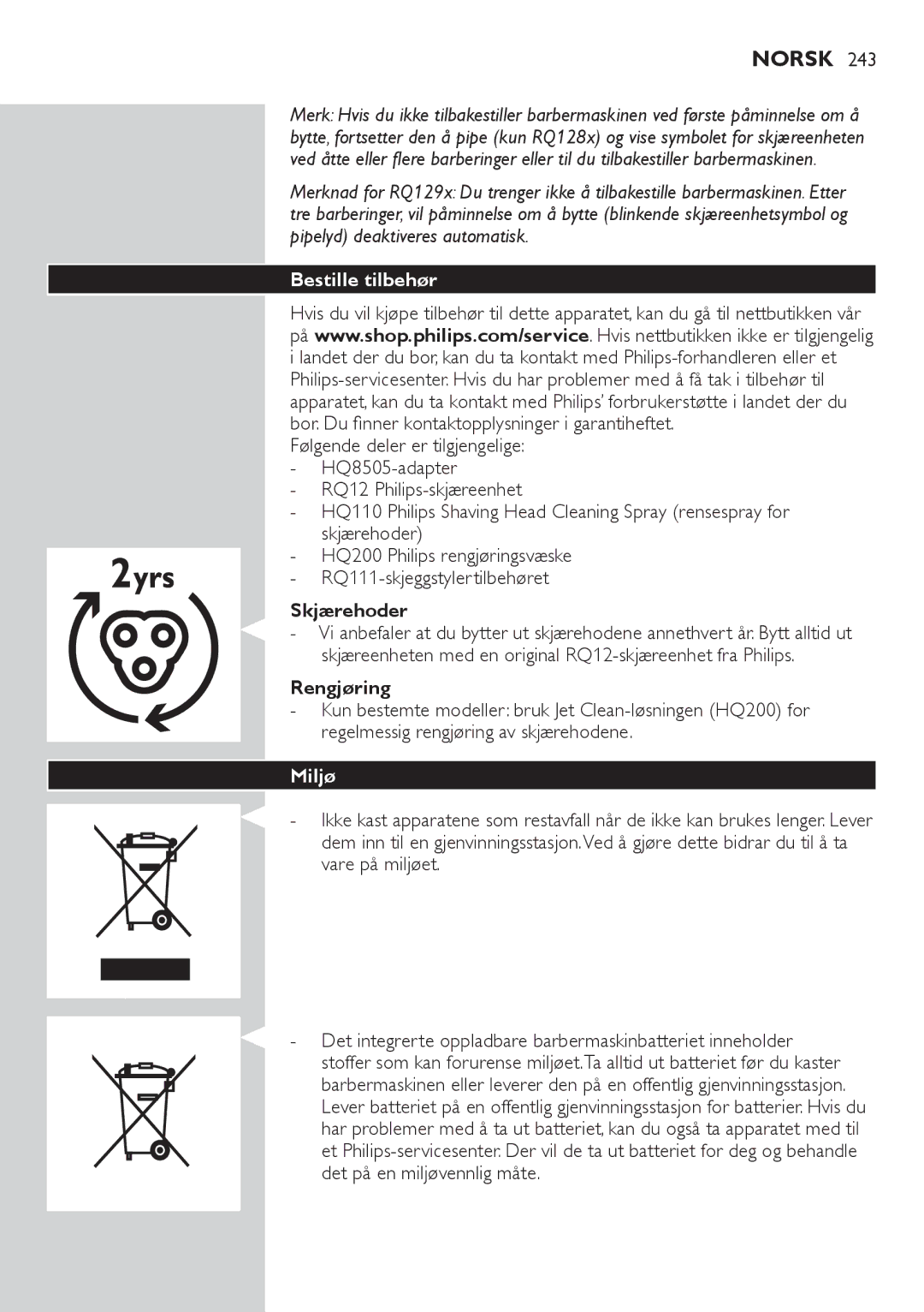 Philips RQ1200 user manual Bestille tilbehør, Skjærehoder, Rengjøring, Miljø 