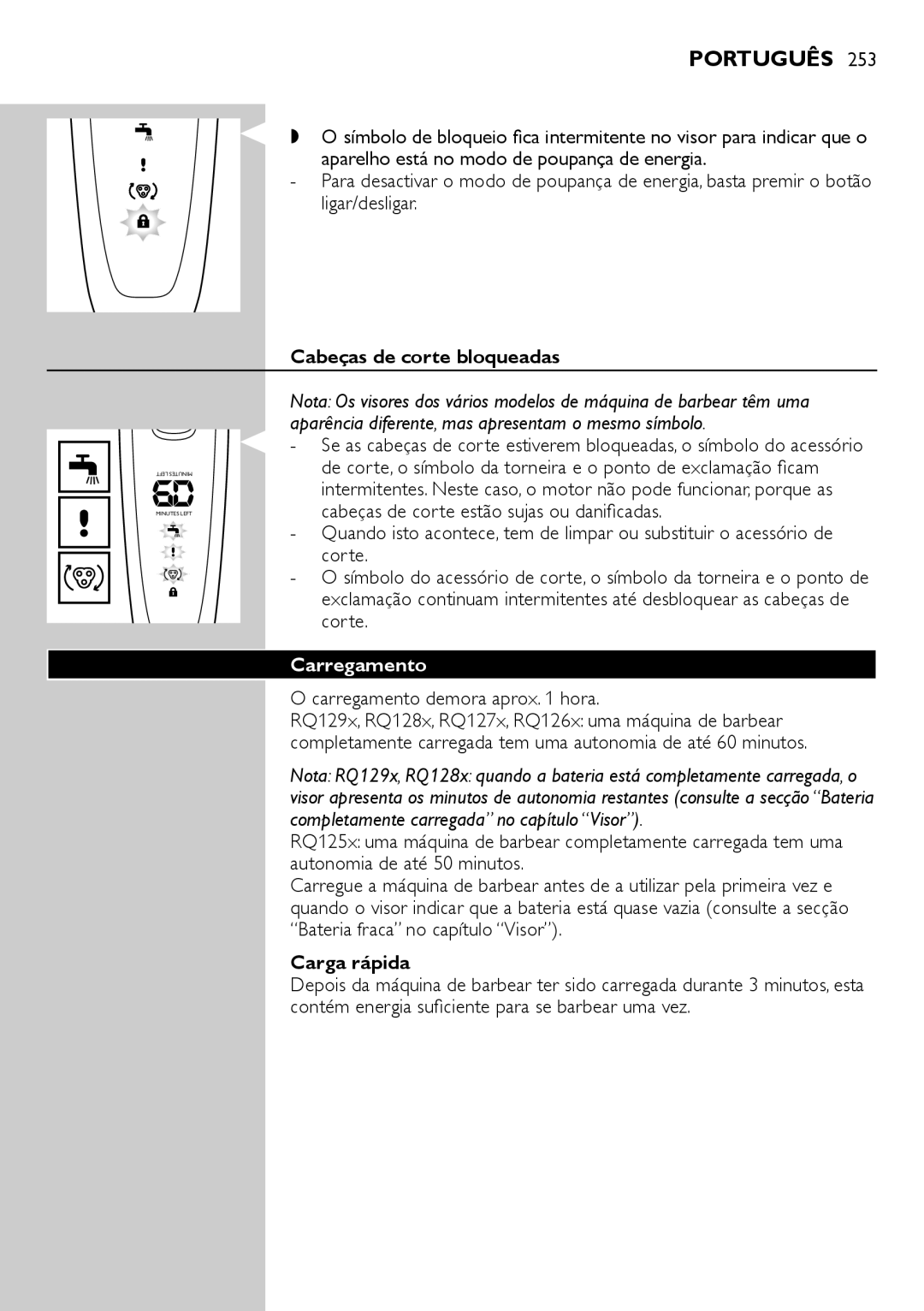 Philips RQ1200 user manual Cabeças de corte bloqueadas, Carregamento 