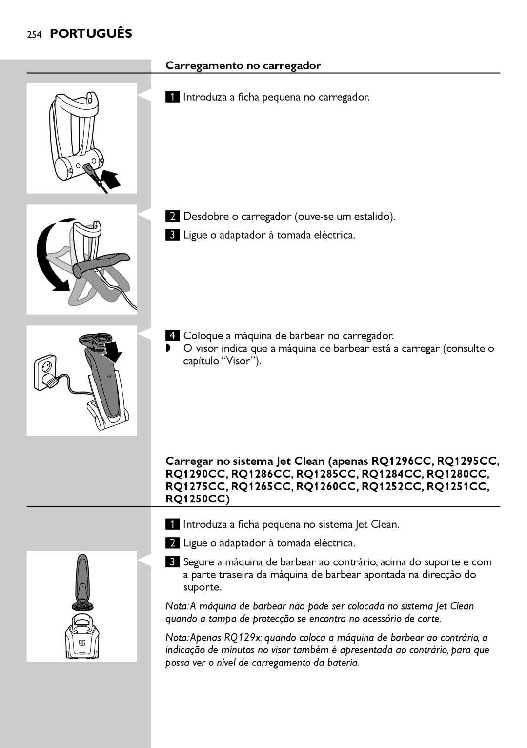 Philips RQ1200 user manual Carregamento no carregador 