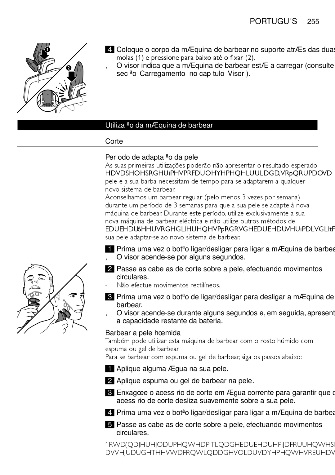 Philips RQ1200 user manual Utilização da máquina de barbear, Corte Período de adaptação da pele, Barbear a pele húmida 