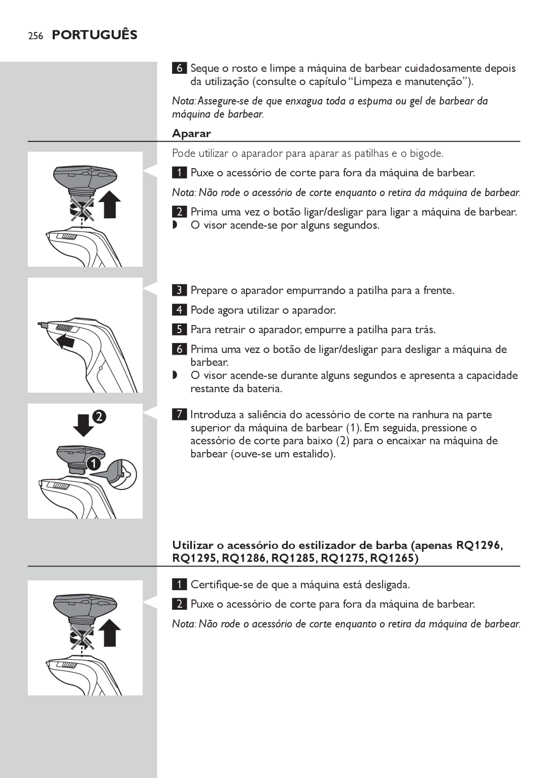 Philips RQ1200 user manual Aparar, Barbear ouve-se um estalido 