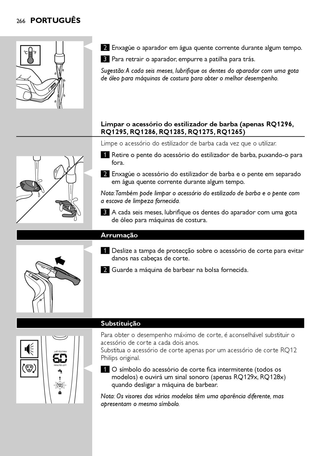 Philips RQ1200 user manual Arrumação, Substituição 