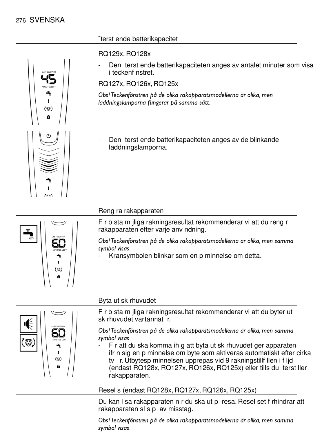 Philips RQ1200 user manual Återstående batterikapacitet RQ129x, RQ128x, Rengöra rakapparaten, Byta ut skärhuvudet 