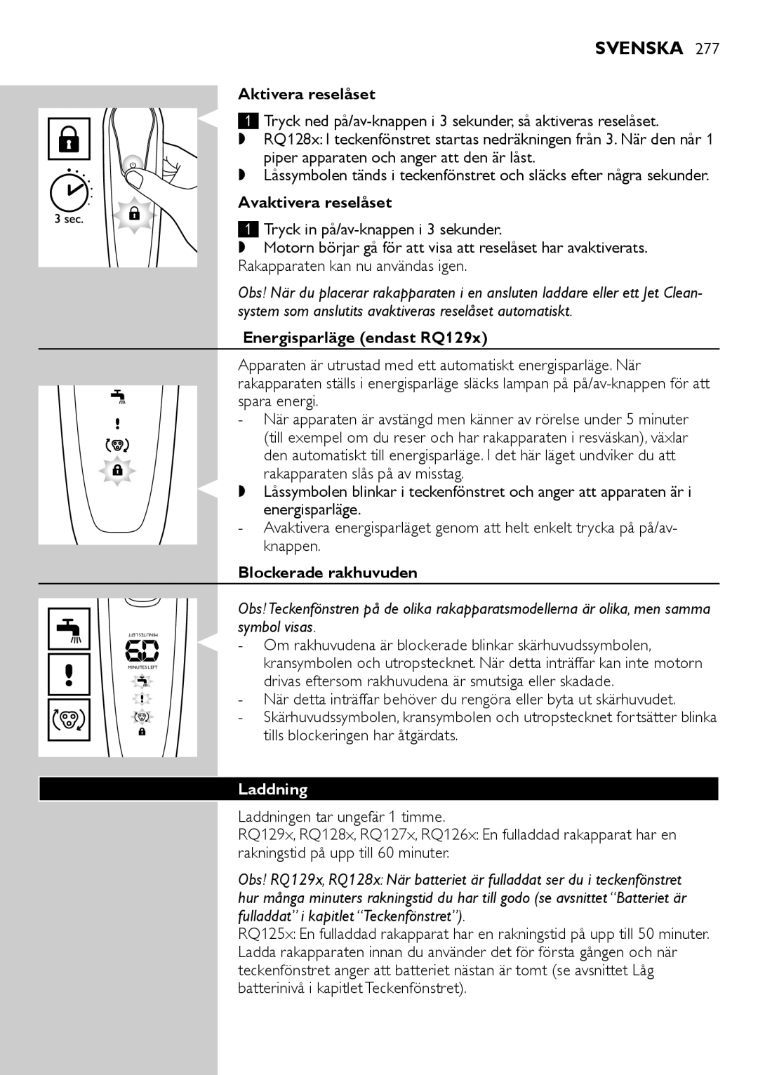 Philips RQ1200 Aktivera reselåset, Avaktivera reselåset, Energisparläge endast RQ129x, Blockerade rakhuvuden, Laddning 