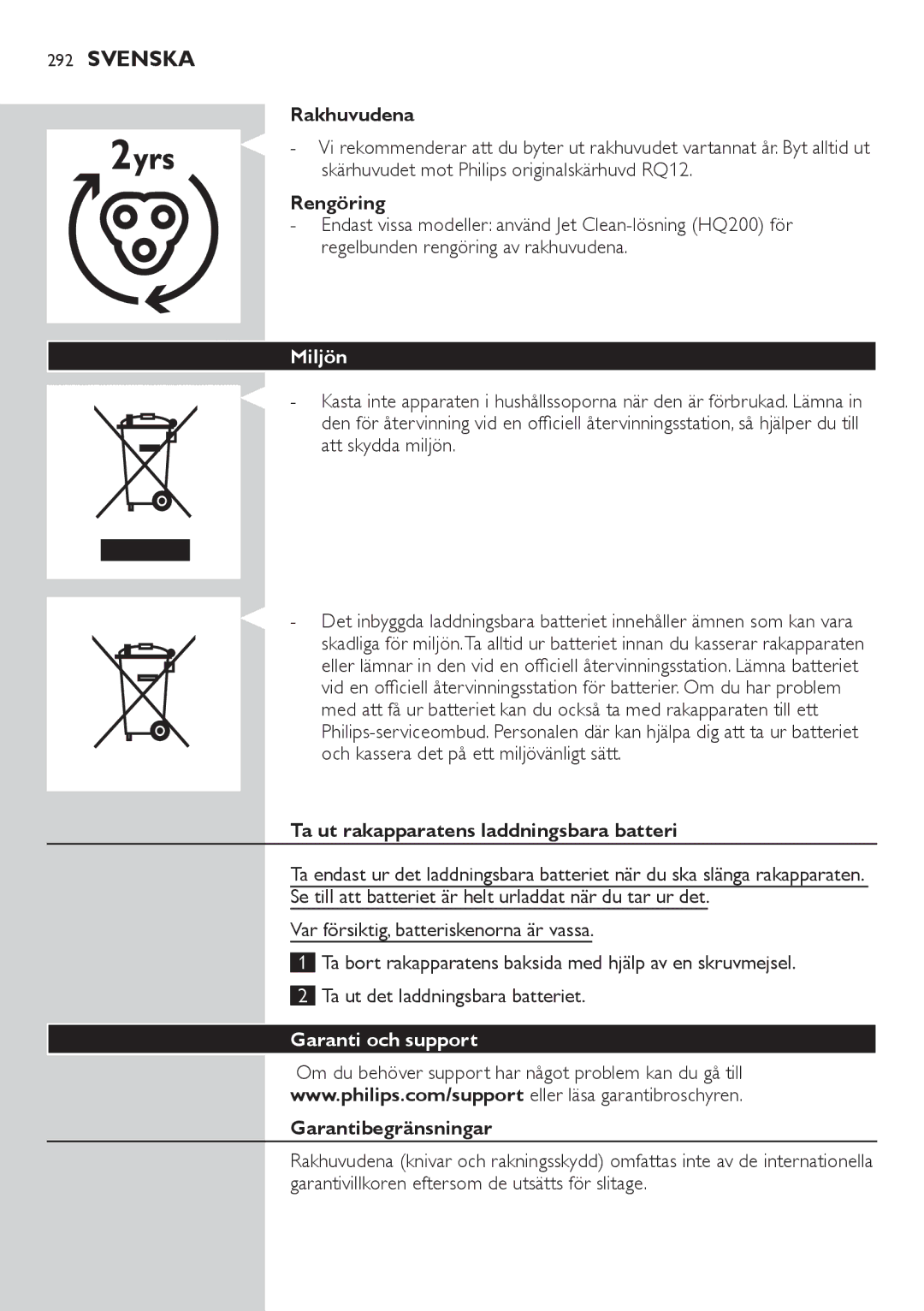 Philips RQ1200 user manual Miljön, Garanti och support 