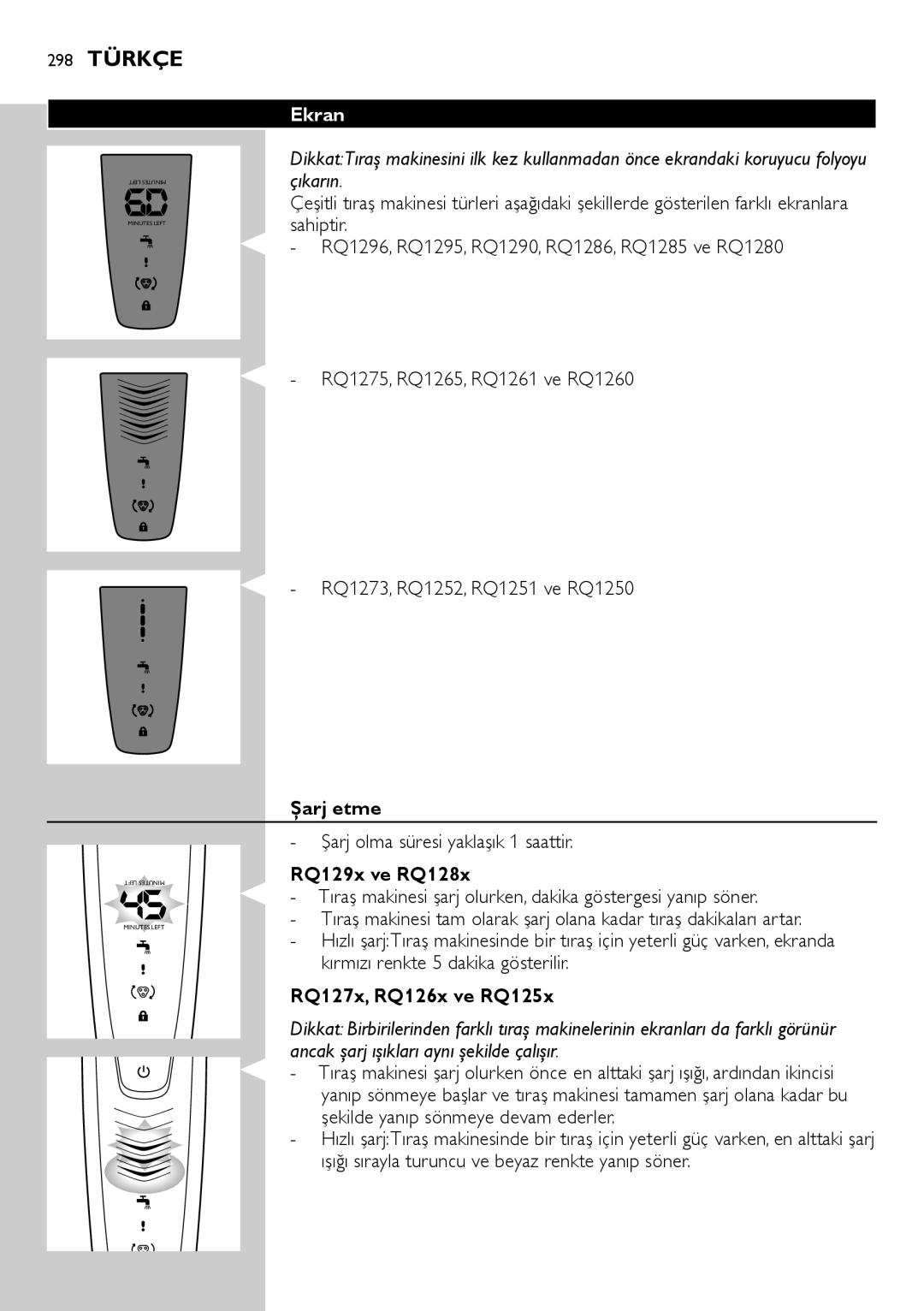 Philips RQ1200 user manual 298 Türkçe, Ekran, Şarj etme, RQ129x ve RQ128x, RQ127x, RQ126x ve RQ125x 