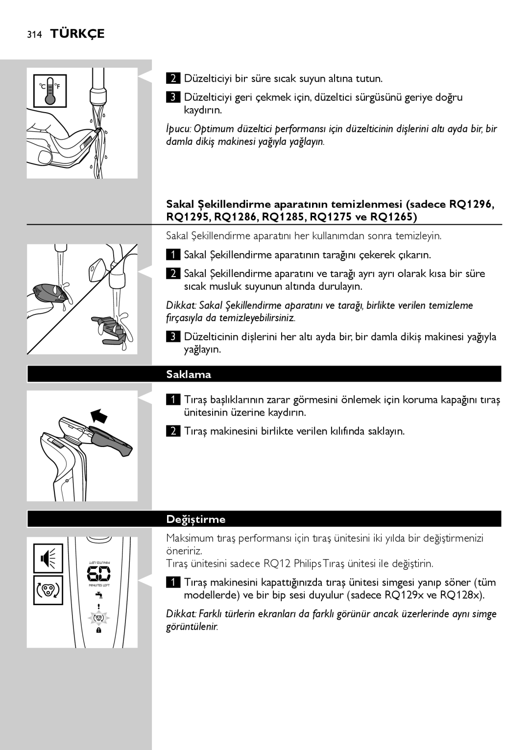 Philips RQ1200 user manual 314 Türkçe, Saklama, Değiştirme 