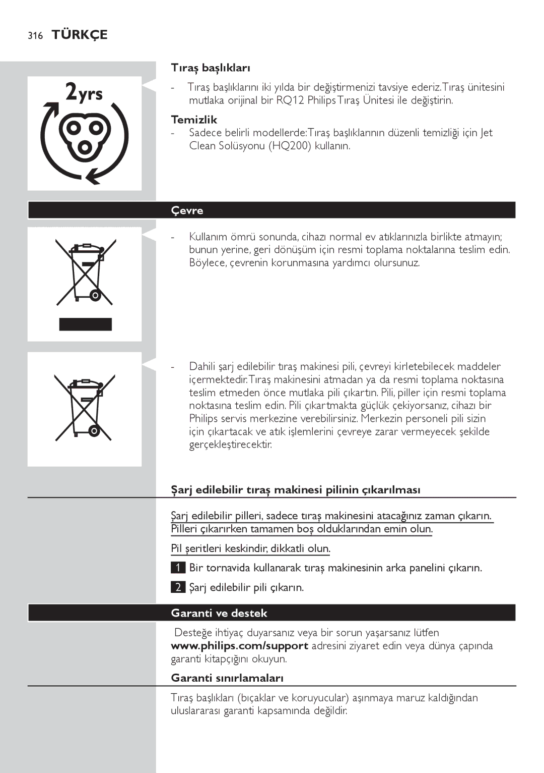 Philips RQ1200 user manual 316 Türkçe, Çevre, Garanti ve destek 