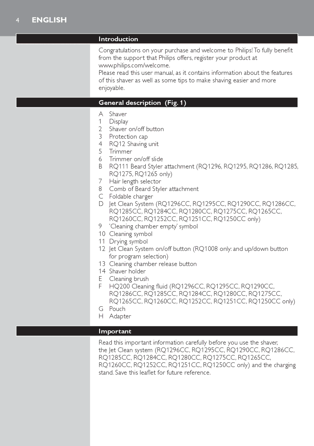 Philips RQ1200 user manual Introduction General description, Pouch Adapter 