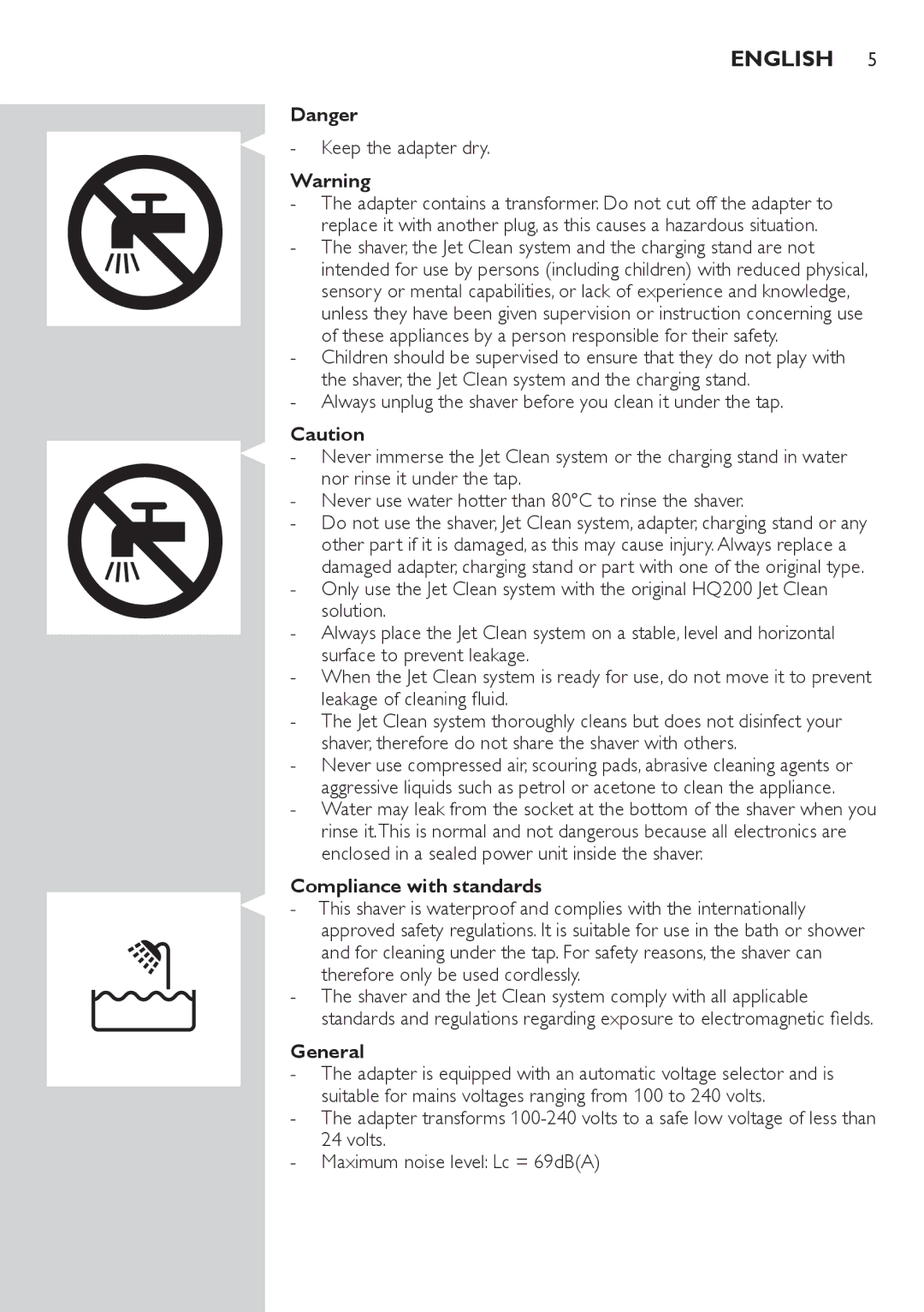 Philips RQ1200 user manual English, Keep the adapter dry, Compliance with standards, General 