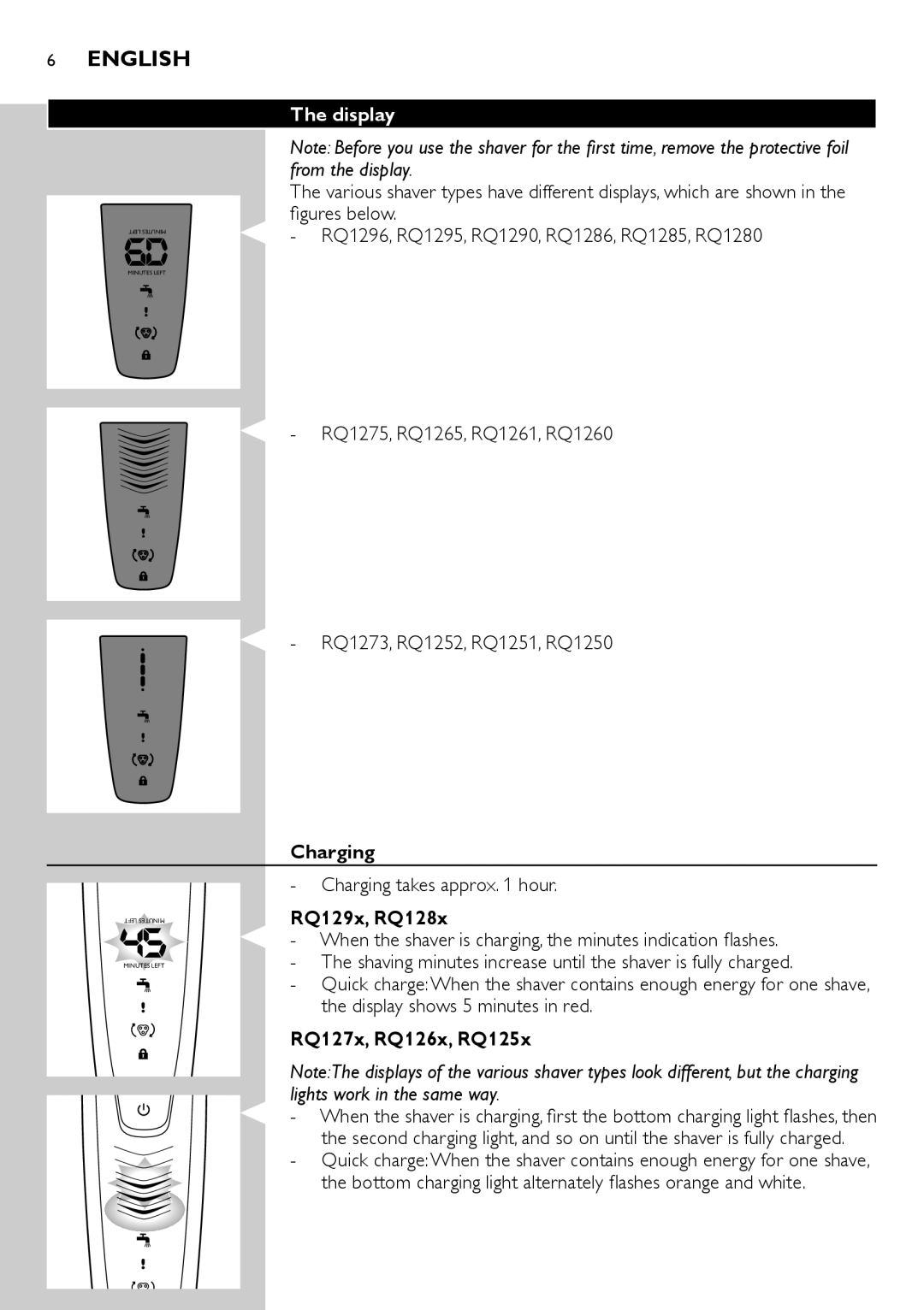 Philips RQ1200 user manual Display, Charging takes approx hour, RQ129x, RQ128x, RQ127x, RQ126x, RQ125x 