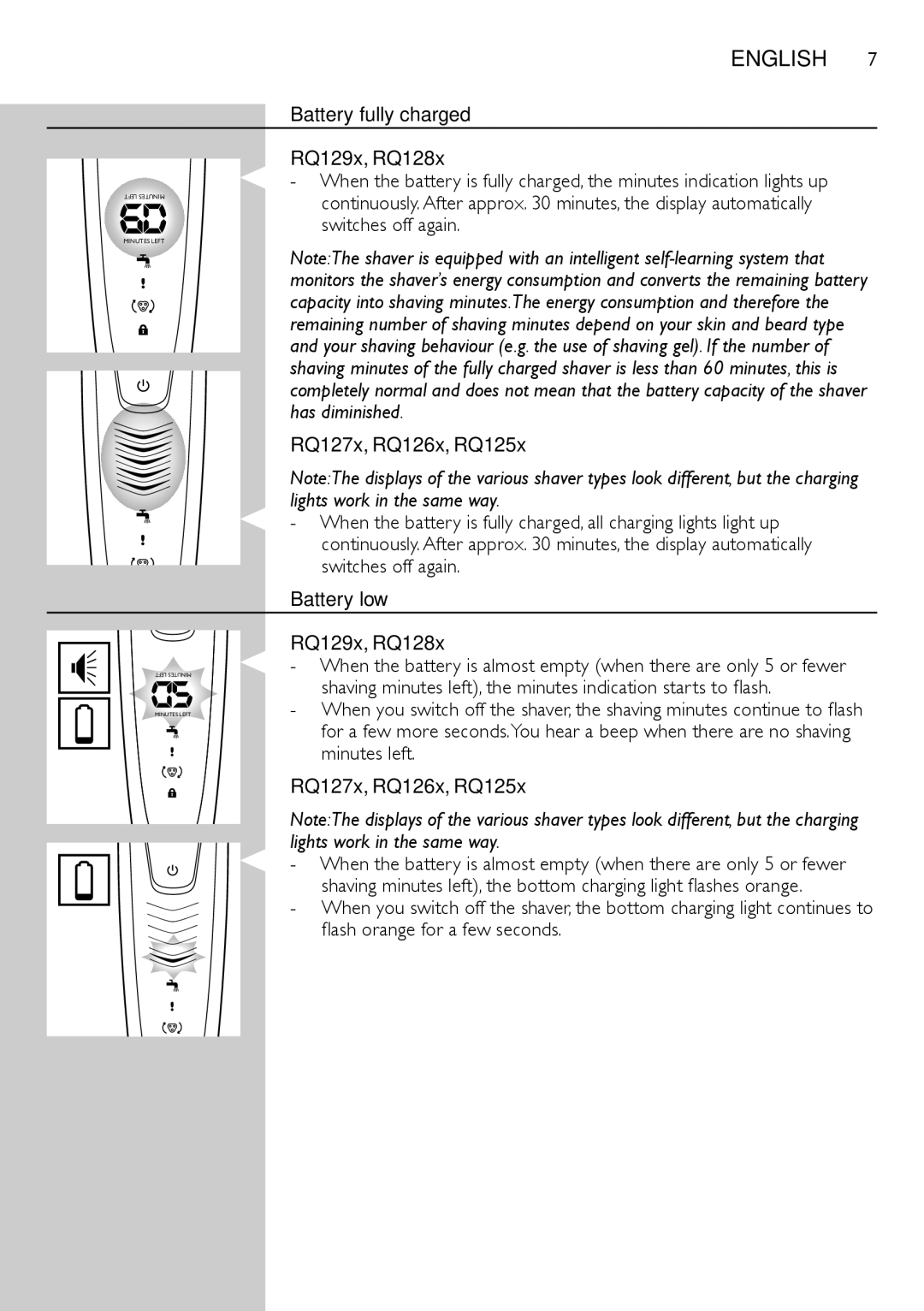 Philips RQ1200 user manual Battery fully charged RQ129x, RQ128x, Battery low RQ129x, RQ128x, Flash orange for a few seconds 
