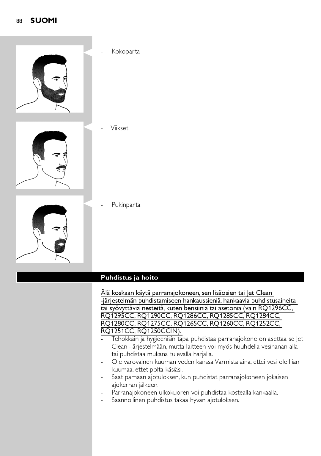 Philips RQ1200 user manual Kokoparta Viikset Pukinparta, Puhdistus ja hoito 