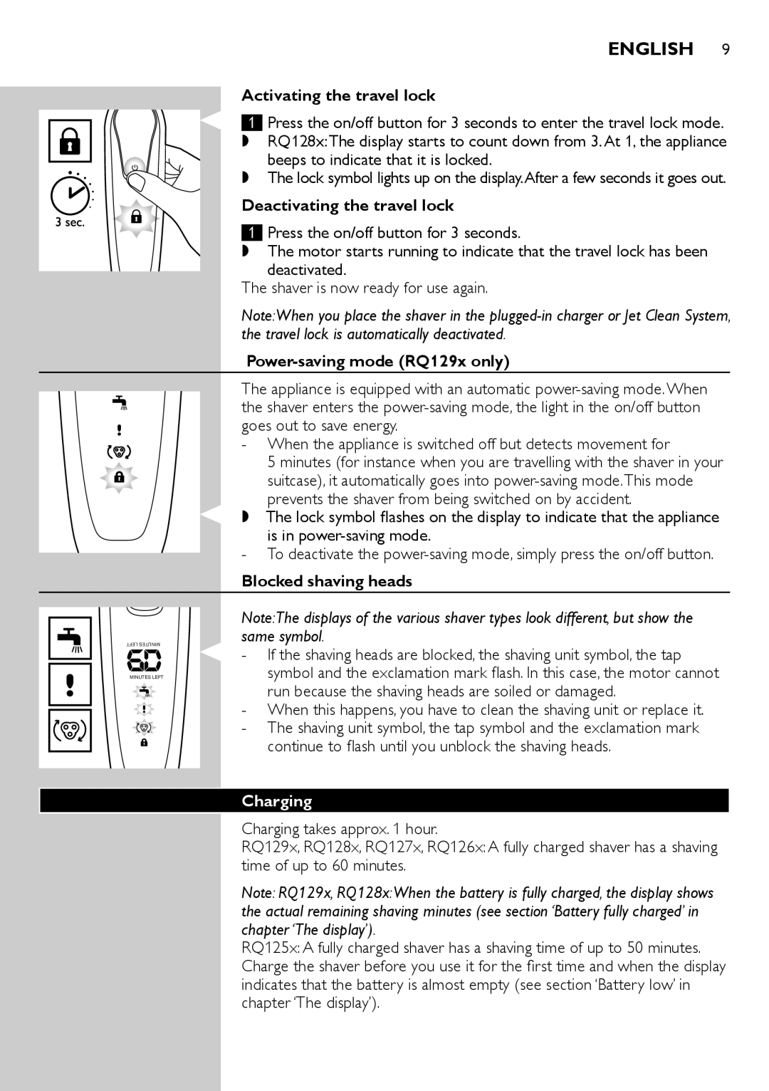 Philips RQ1200 Activating the travel lock, Deactivating the travel lock, Power-saving mode RQ129x only, Charging 