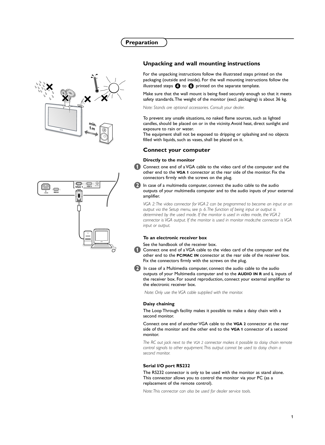 Philips RS232 manual Preparation Unpacking and wall mounting instructions, Connect your computer 