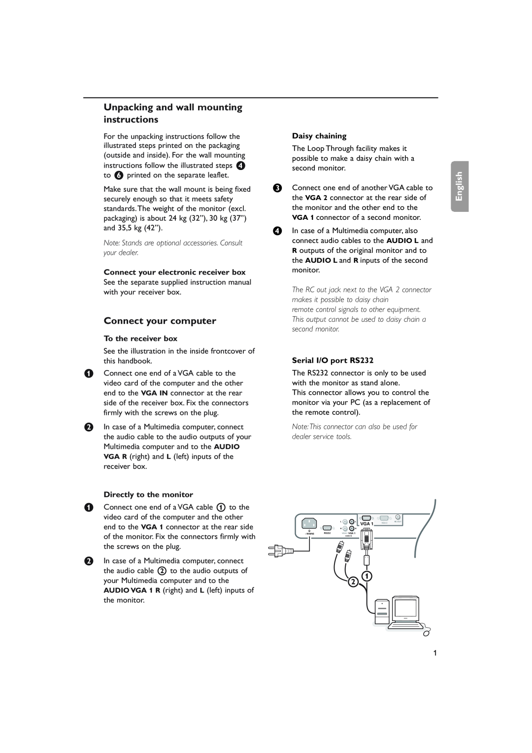Philips RS232 manual Unpacking and wall mounting instructions, Connect your computer, English 