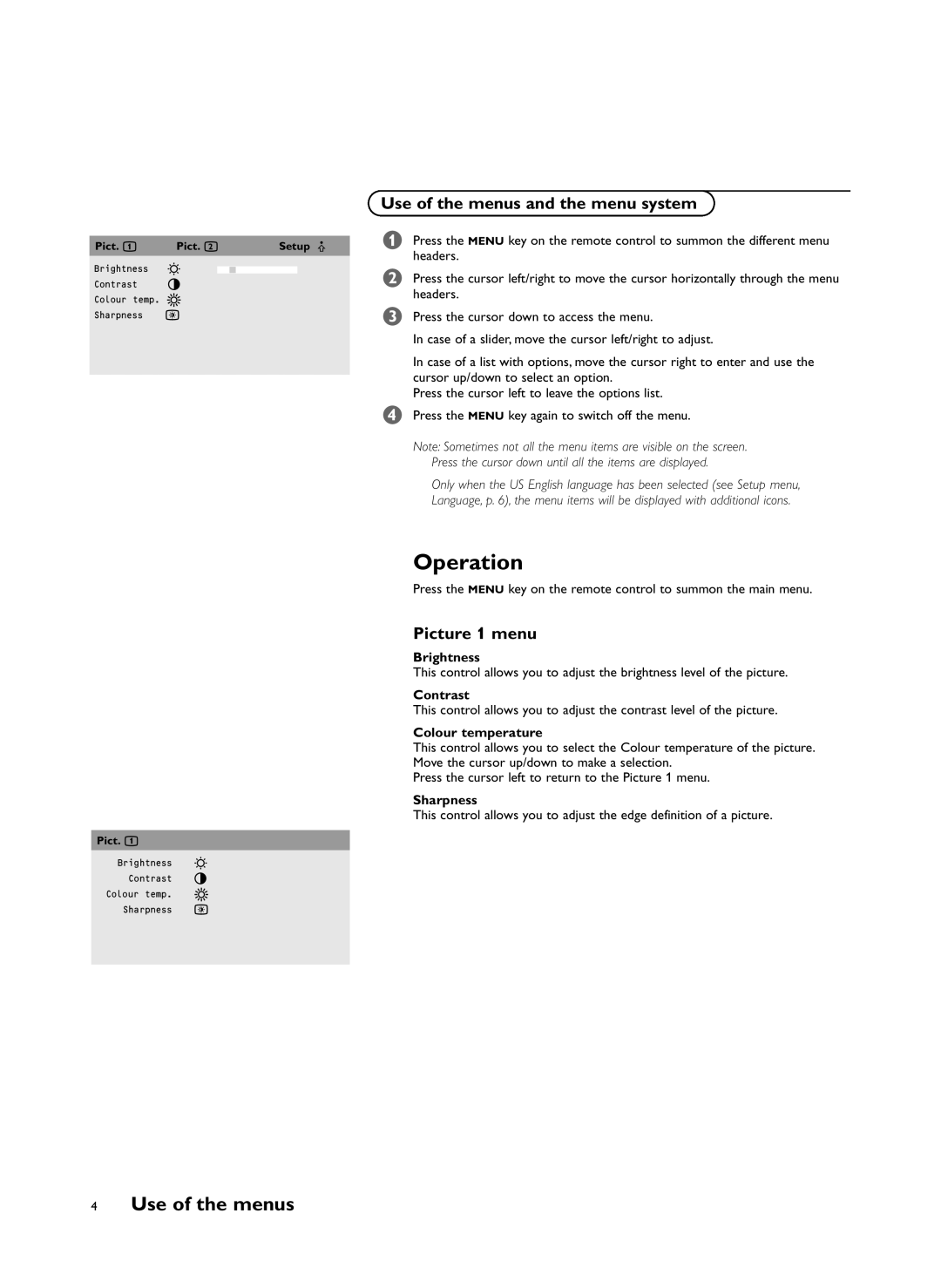 Philips RS232 manual Use of the menus and the menu system, Picture 1 menu 