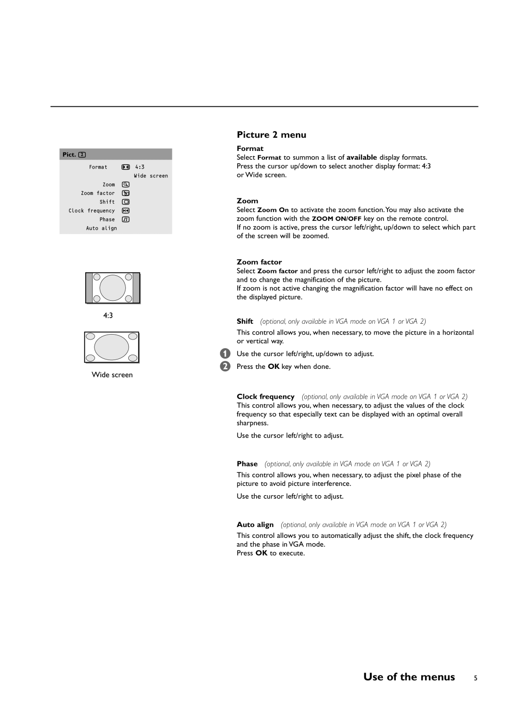 Philips RS232 manual Picture 2 menu, Format, Zoom factor 