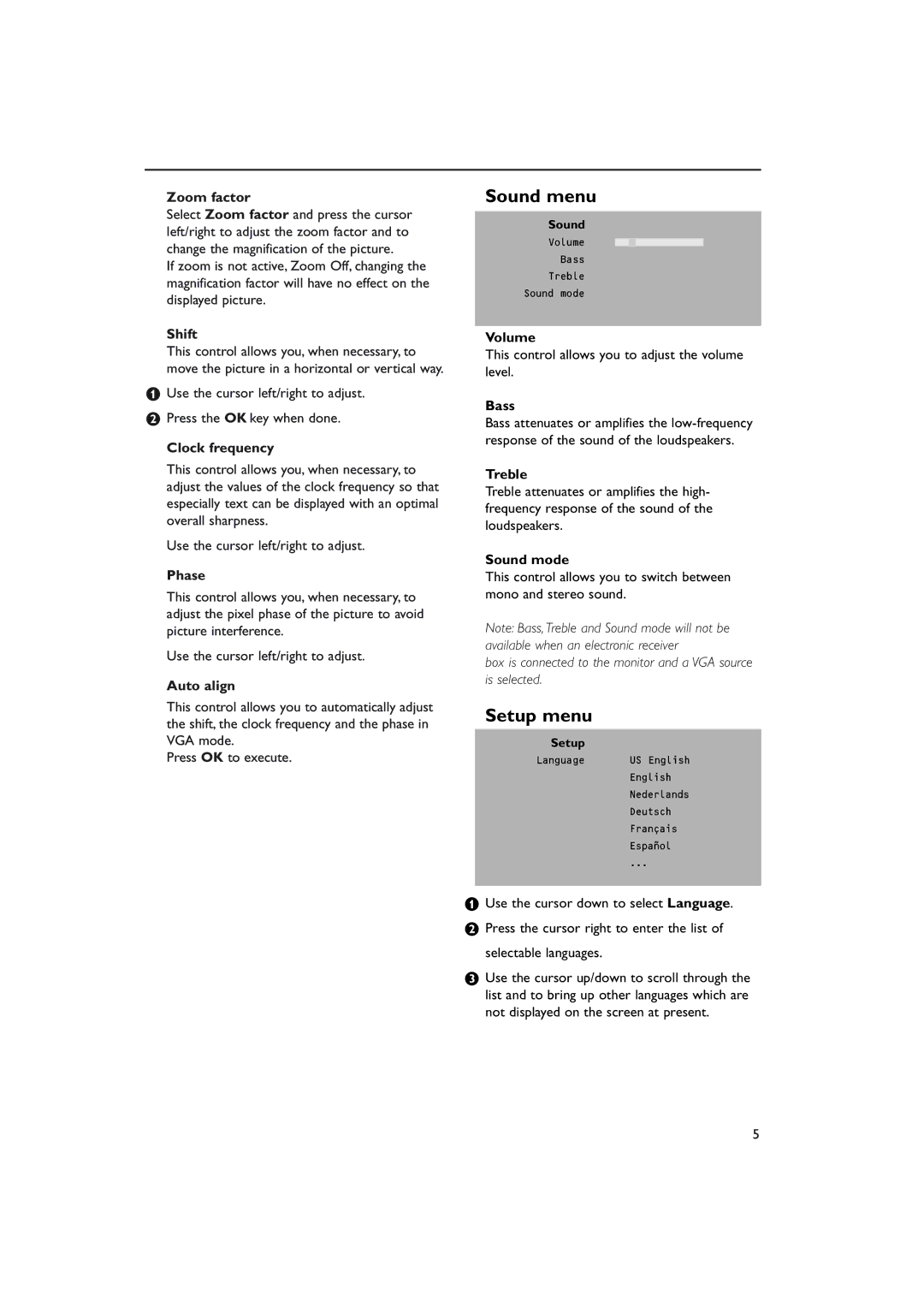 Philips RS232 manual Sound menu, Setup menu 