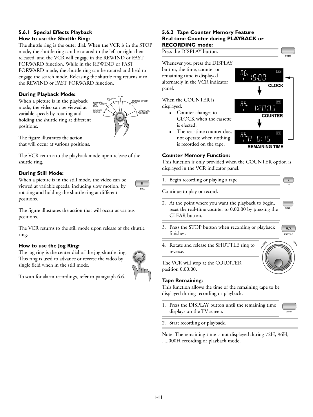 Philips RT30A During Playback Mode, During Still Mode, How to use the Jog Ring, Counter Memory Function, Tape Remaining 