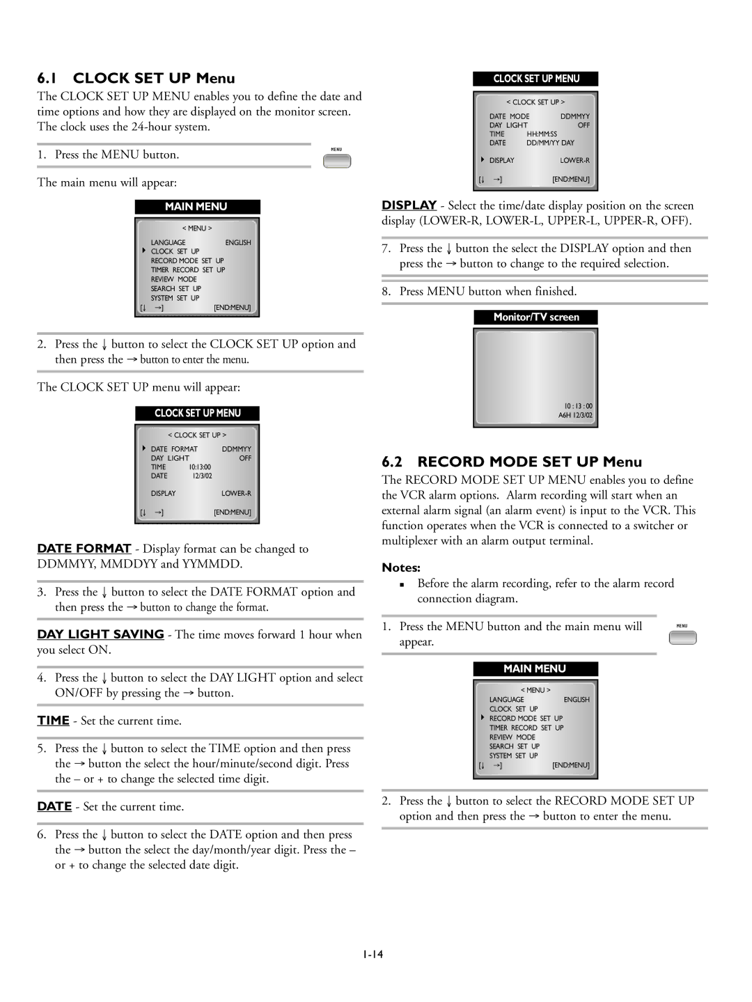 Philips RT960A, RT30A manual Clock SET UP Menu, Record Mode SET UP Menu 