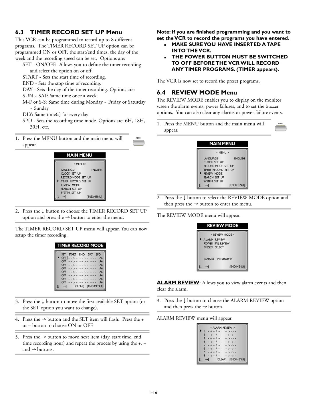 Philips RT960A, RT30A manual Timer Record SET UP Menu, Review Mode Menu, Make Sure YOU have Inserted a Tape Into the VCR 