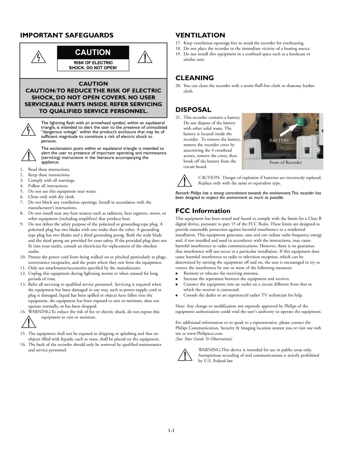 Philips RT30A, RT960A manual Important Safeguards, Ventilation, Cleaning, Disposal, FCC Information 