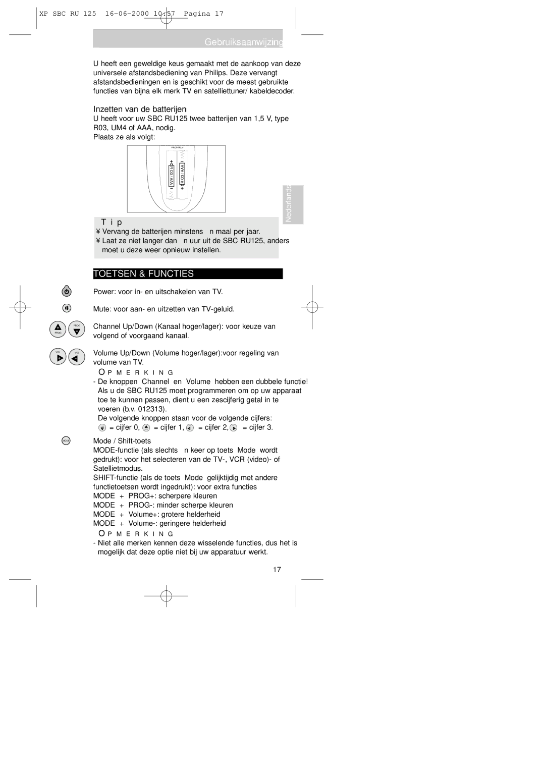 Philips RU125 manual Gebruiksaanwijzing, Toetsen & Functies, Inzetten van de batterijen, = cijfer 0, Prog = cijfer 