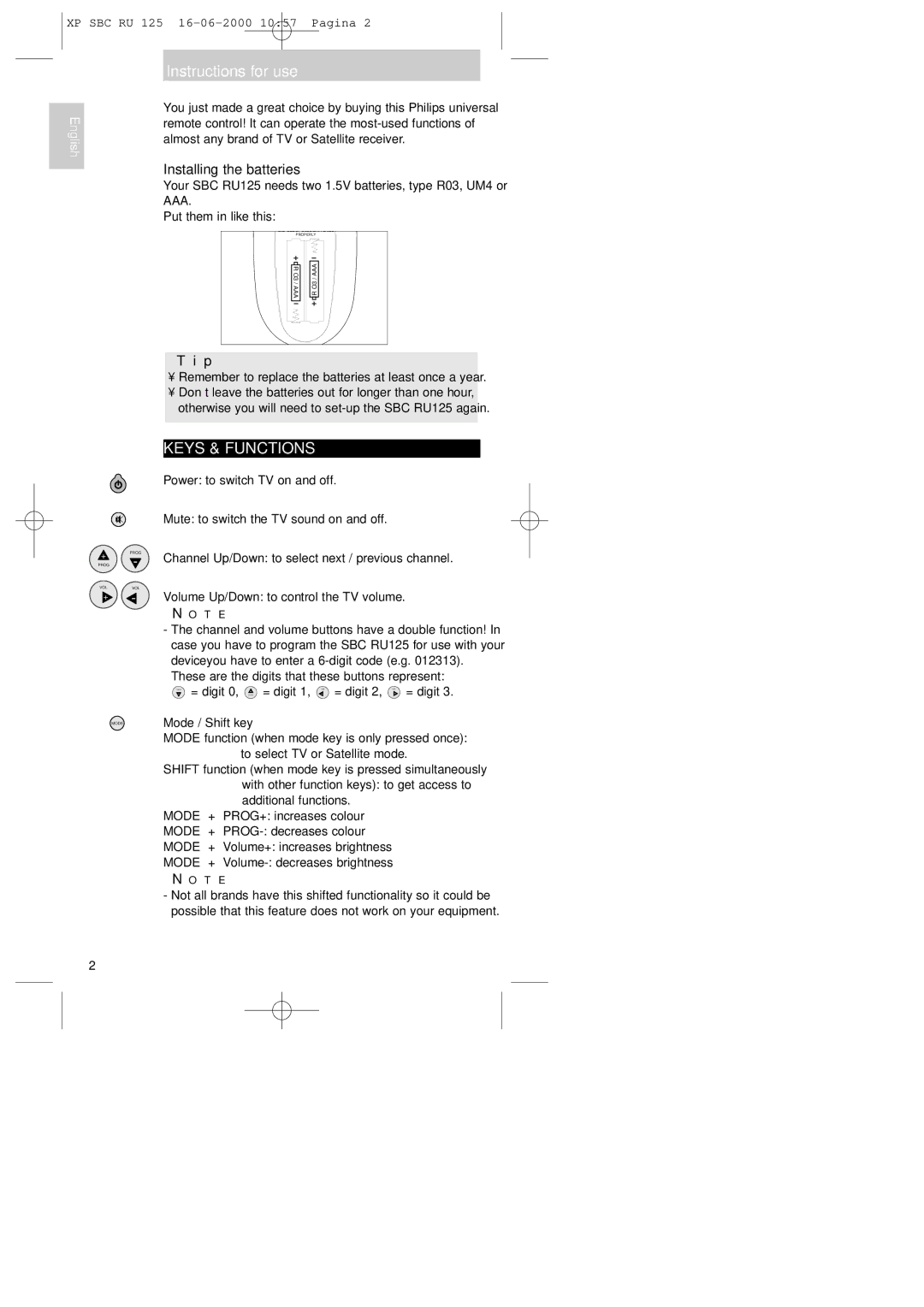 Philips RU125 manual Instructions for use, Keys & Functions, Installing the batteries, T E 