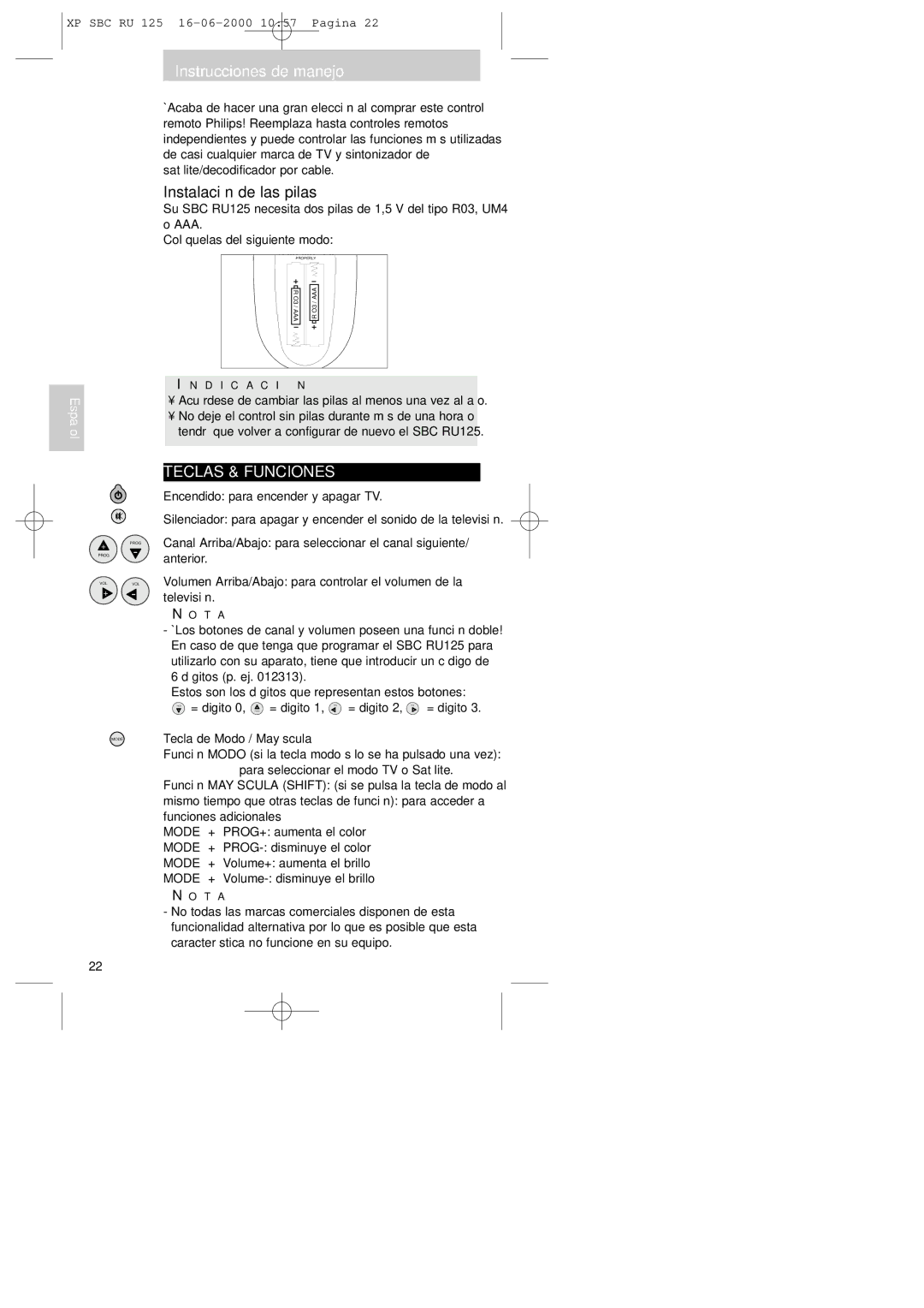 Philips RU125 manual Instrucciones de manejo, Instalación de las pilas, Teclas & Funciones 