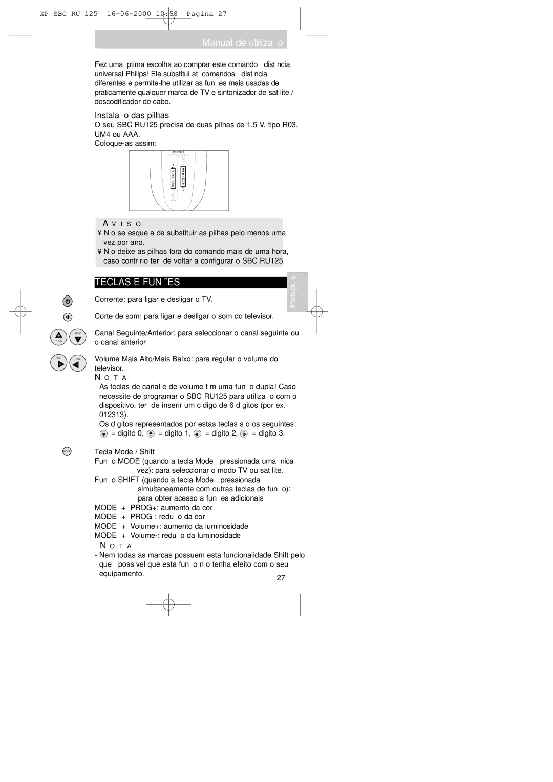 Philips RU125 manual Manual de utilização, Teclas E Funções, Instalação das pilhas, Tecla Mode / Shift, I S O 