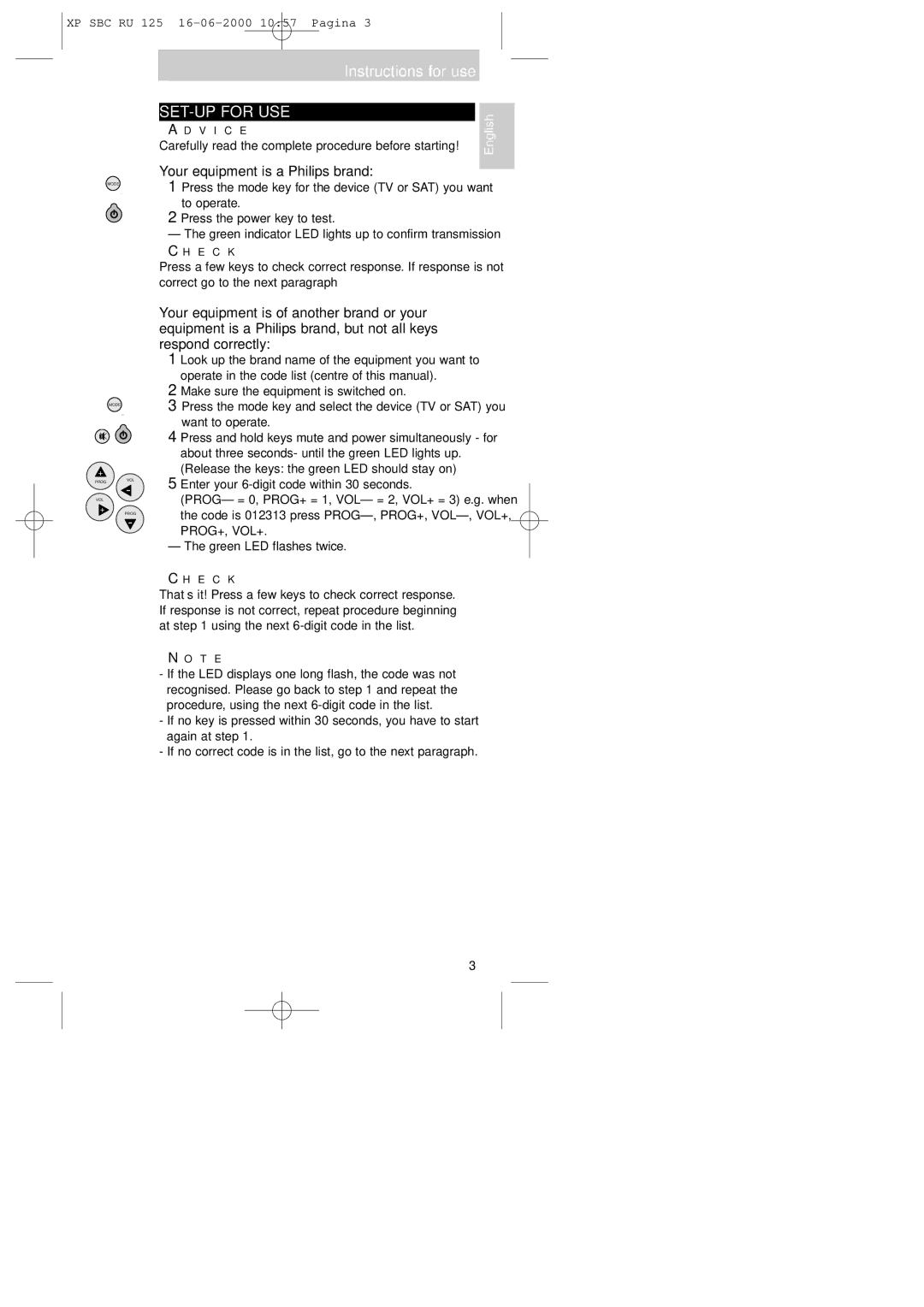 Philips RU125 manual SET-UP for USE, Your equipment is a Philips brand, E C K 