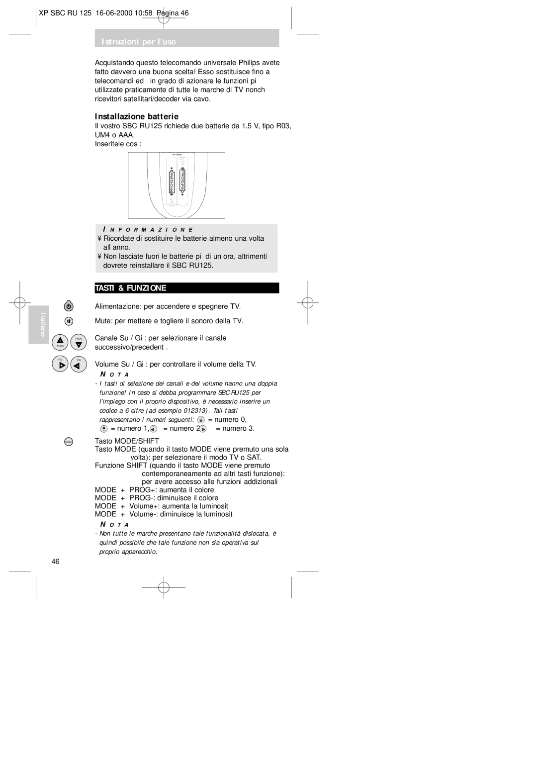 Philips RU125 manual Istruzioni per l’uso, Installazione batterie, Tasti & Funzione, Prog = numero, Tasto MODE/SHIFT 