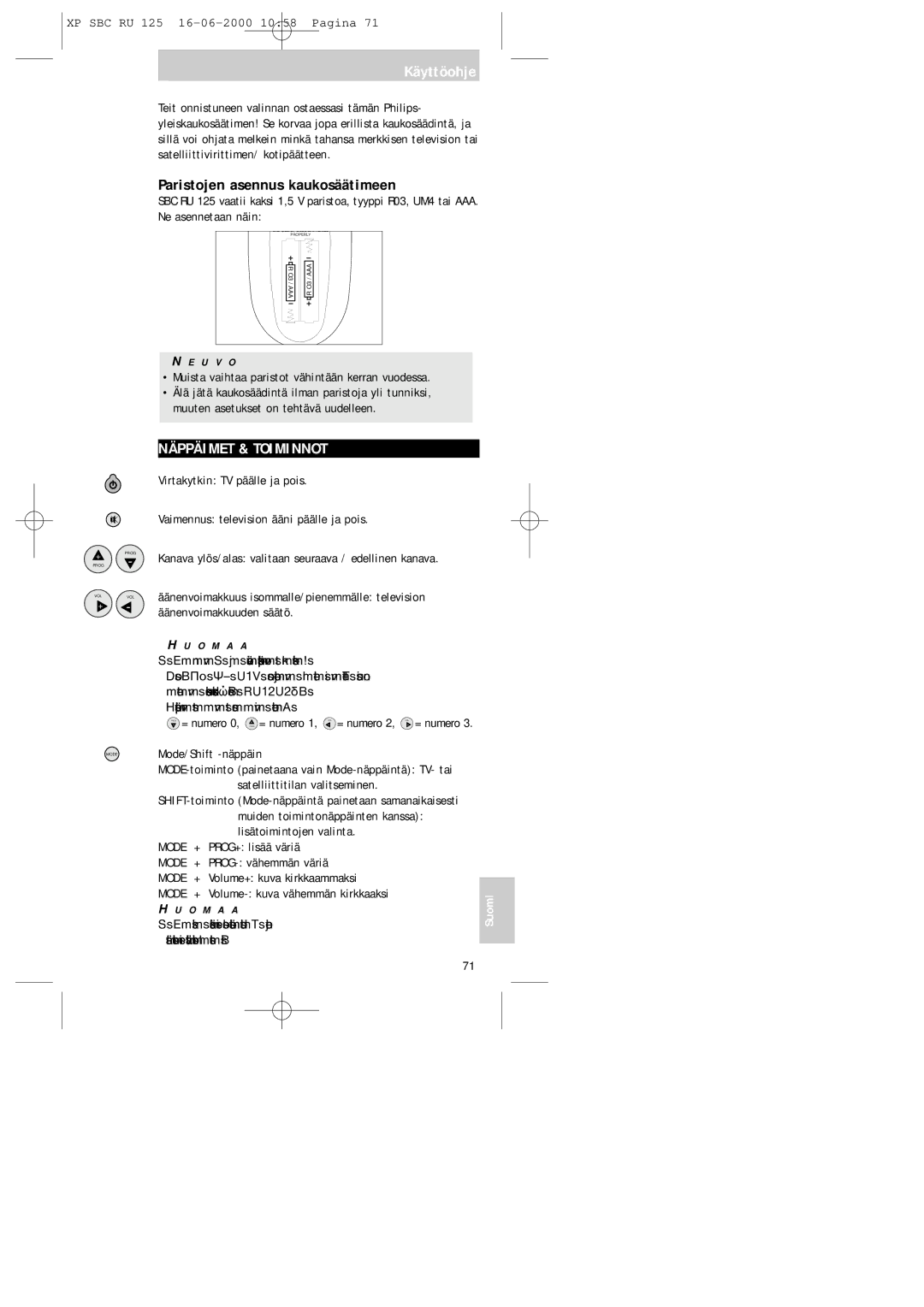 Philips RU125 manual Käyttöohje, Paristojen asennus kaukosäätimeen, Näppäimet & Toiminnot 