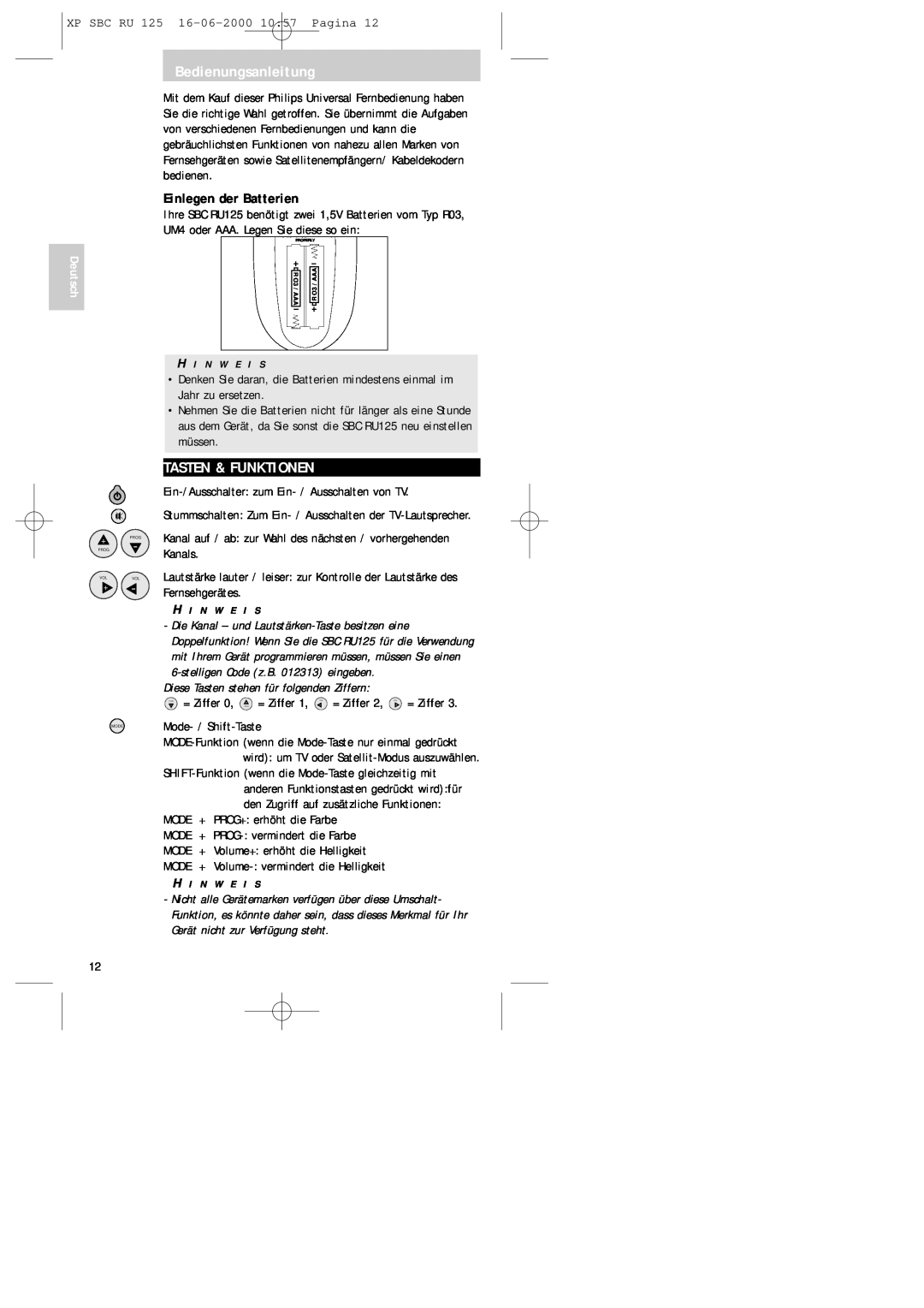 Philips RU125 manual Bedienungsanleitung, Tasten & Funktionen, Einlegen der Batterien, Deutsch 