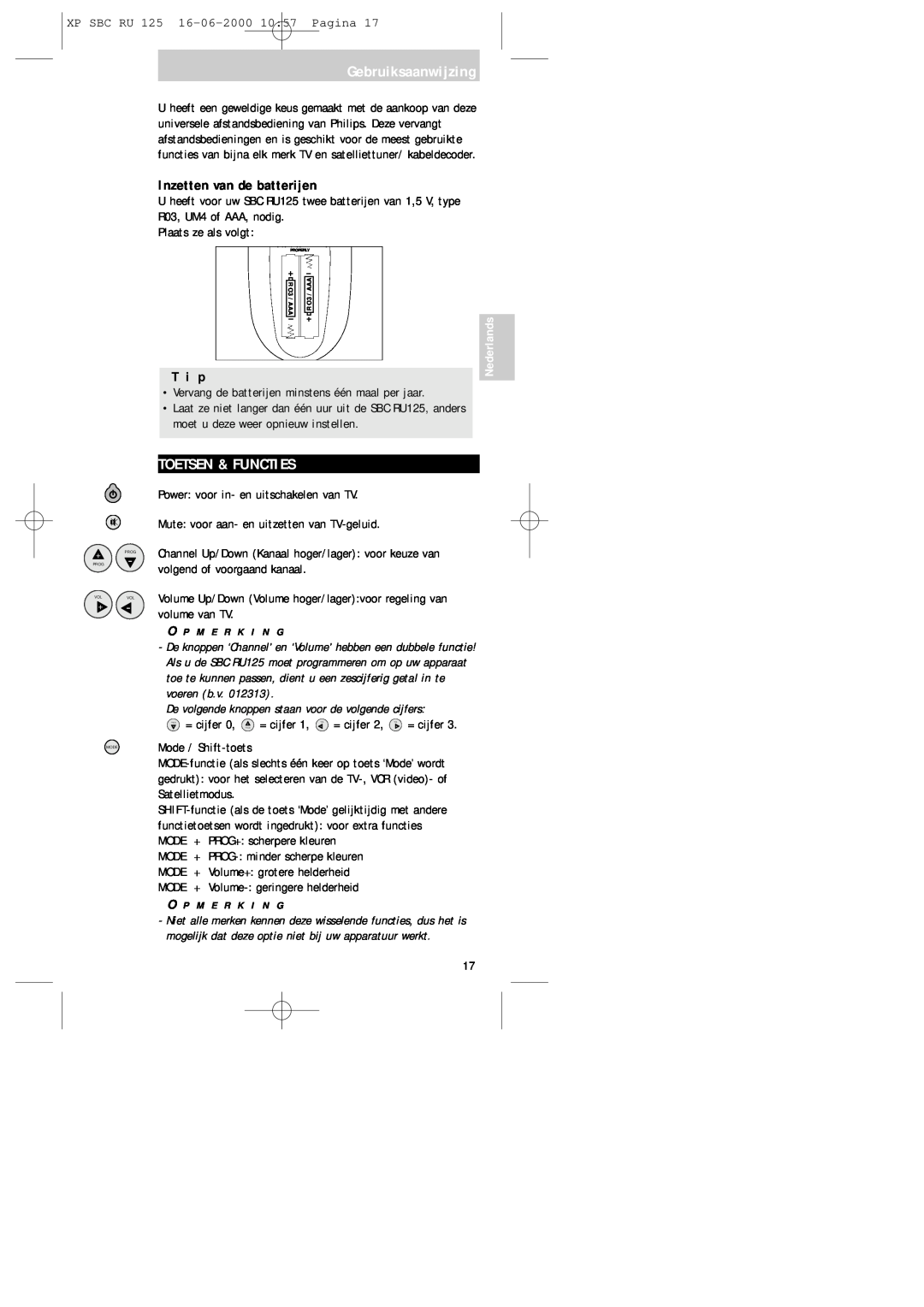 Philips RU125 manual Gebruiksaanwijzing, Toetsen & Functies, Inzetten van de batterijen, T i p 