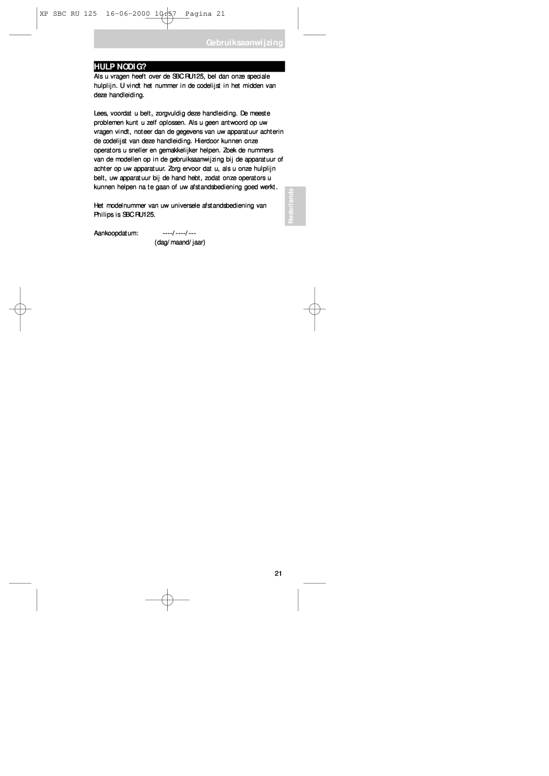 Philips RU125 manual Hulp Nodig?, Gebruiksaanwijzing, XP SBC RU 125 16-06-200010 57 Pagina, Nederlands 