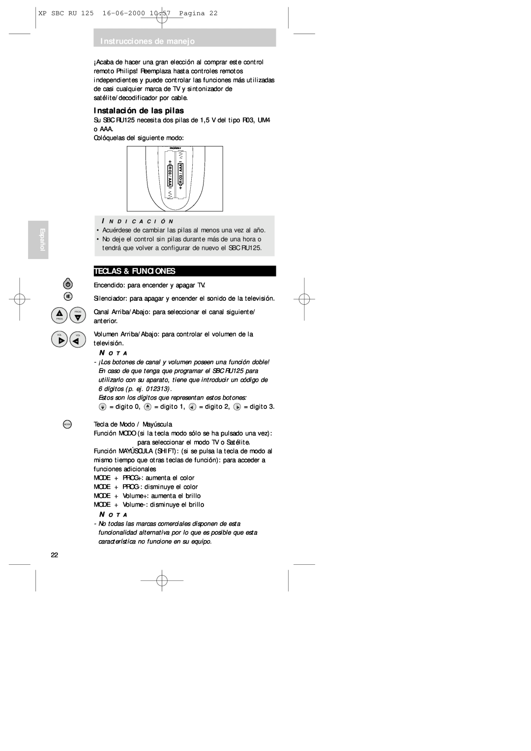 Philips RU125 manual Instrucciones de manejo, Instalación de las pilas, Teclas & Funciones, Español 