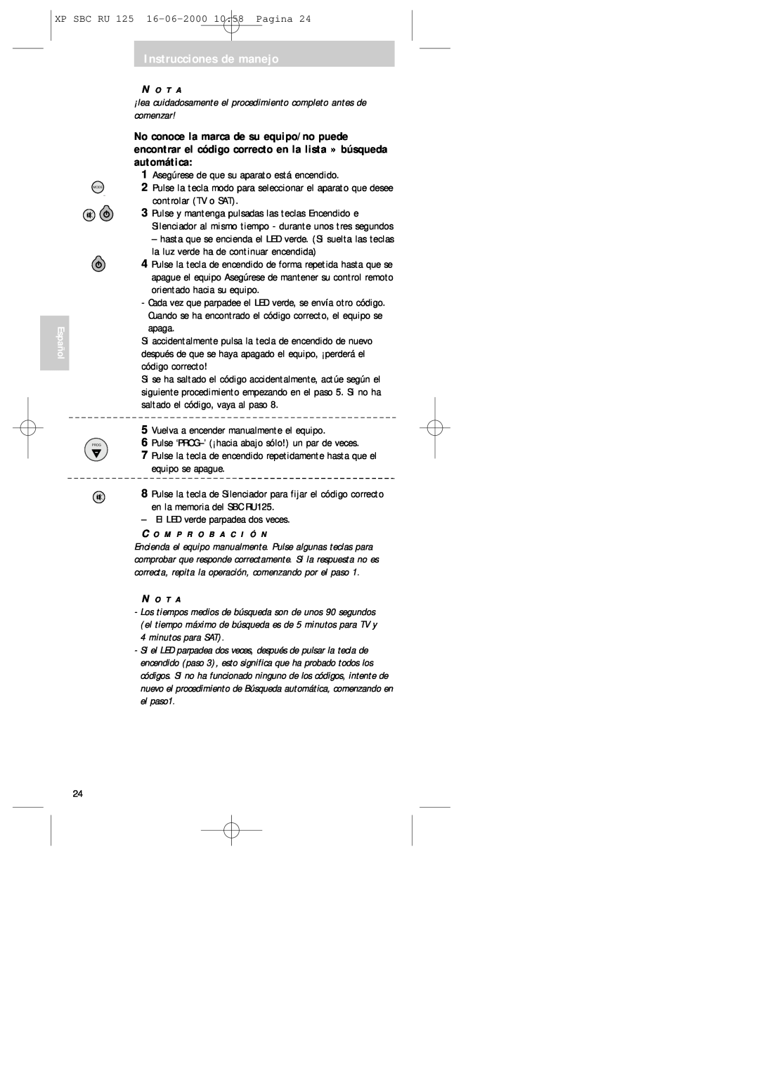 Philips RU125 manual XP SBC RU 125 16-06-200010 58 Pagina, Instrucciones de manejo, Español 