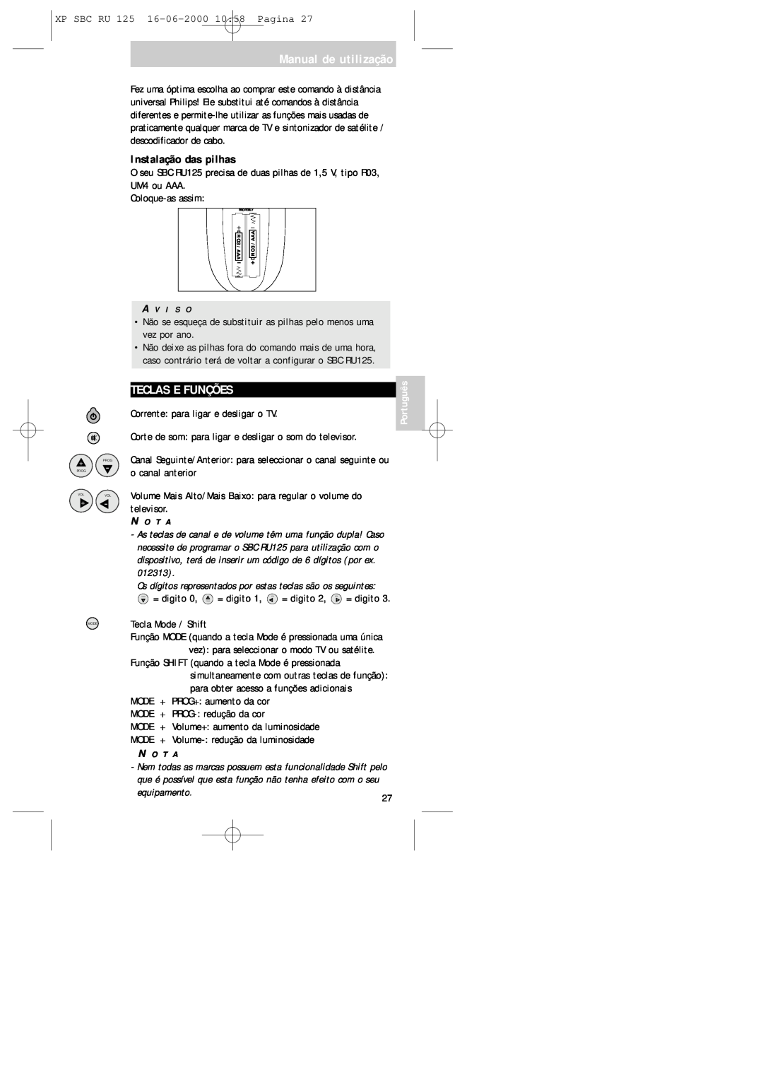Philips RU125 manual Manual de utilização, Teclas E Funções, Instalação das pilhas 