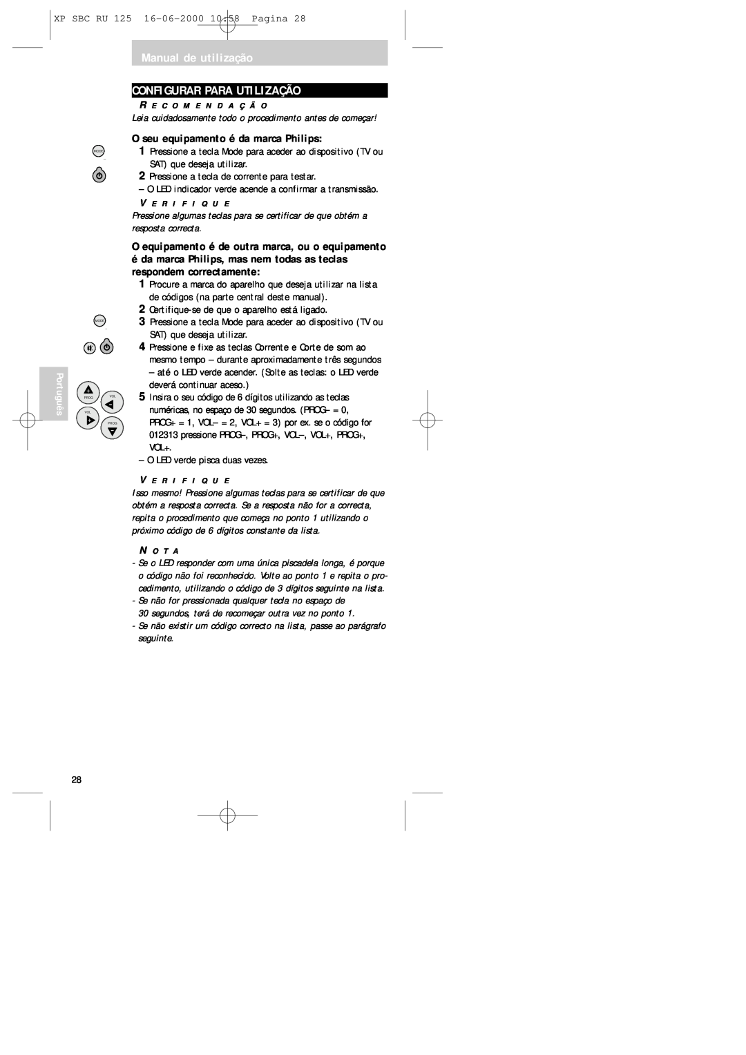 Philips RU125 manual Manual de utilização CONFIGURAR PARA UTILIZAÇÃO, O seu equipamento é da marca Philips, Português 