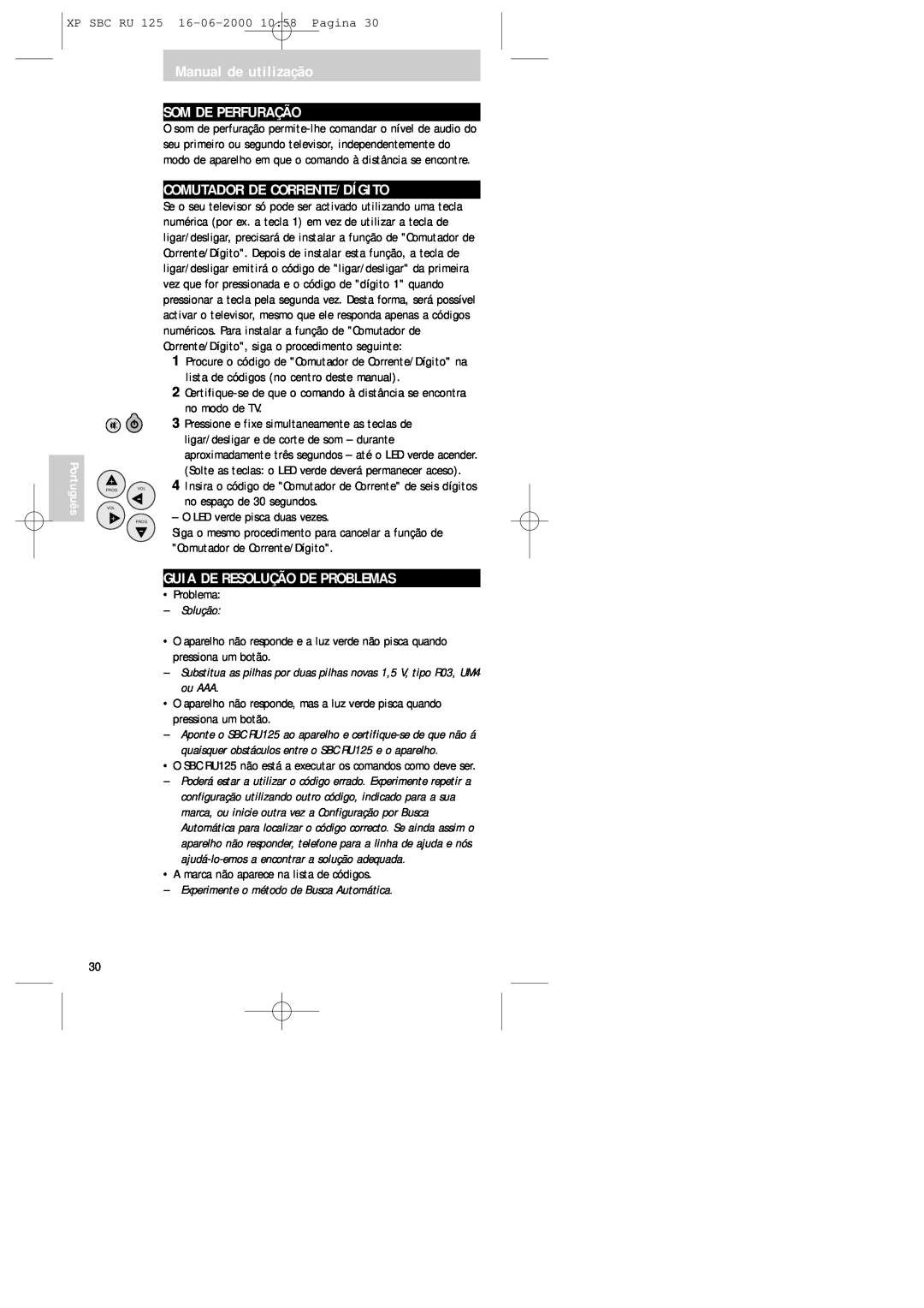 Philips RU125 manual Manual de utilização SOM DE PERFURAÇÃO, Comutador De Corrente/Dígito, Guia De Resolução De Problemas 