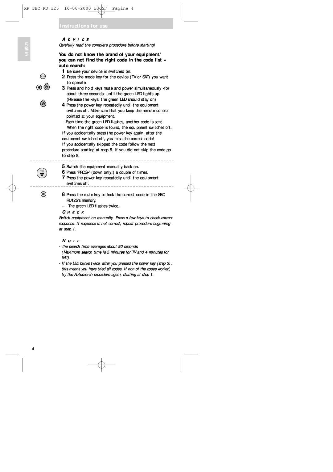 Philips RU125 manual Instructions for use, English, Be sure your device is switched on 