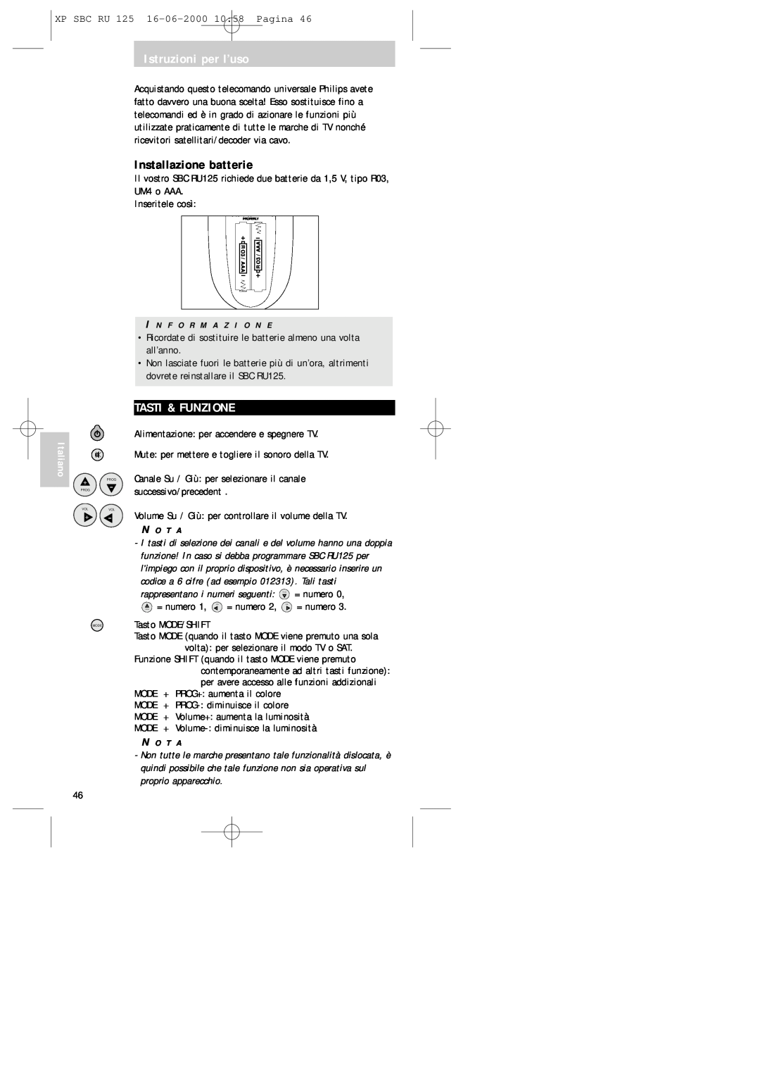 Philips RU125 manual Istruzioni per l’uso, Installazione batterie, Tasti & Funzione 