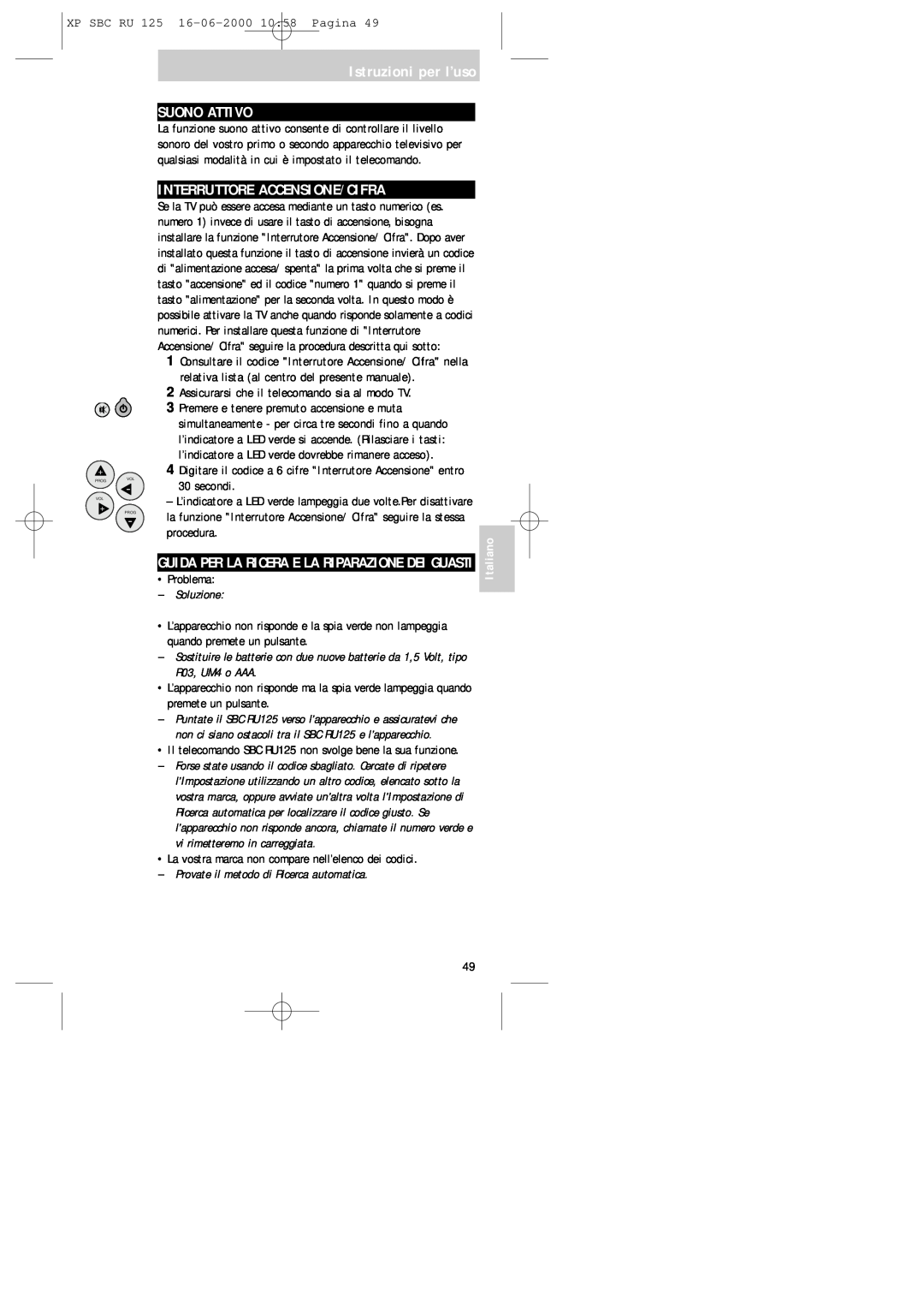 Philips RU125 manual Istruzioni per l’uso SUONO ATTIVO, Interruttore Accensione/Cifra, Italiano 