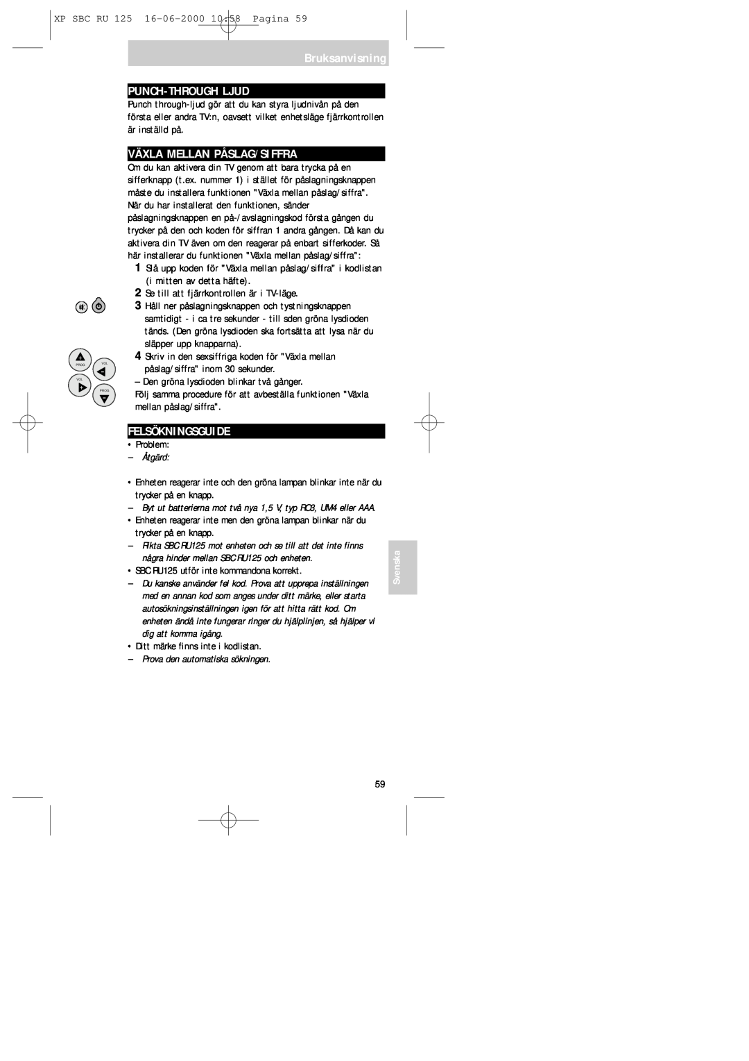 Philips RU125 manual Bruksanvisning PUNCH-THROUGHLJUD, Växla Mellan Påslag/Siffra, Felsökningsguide, Svenska 