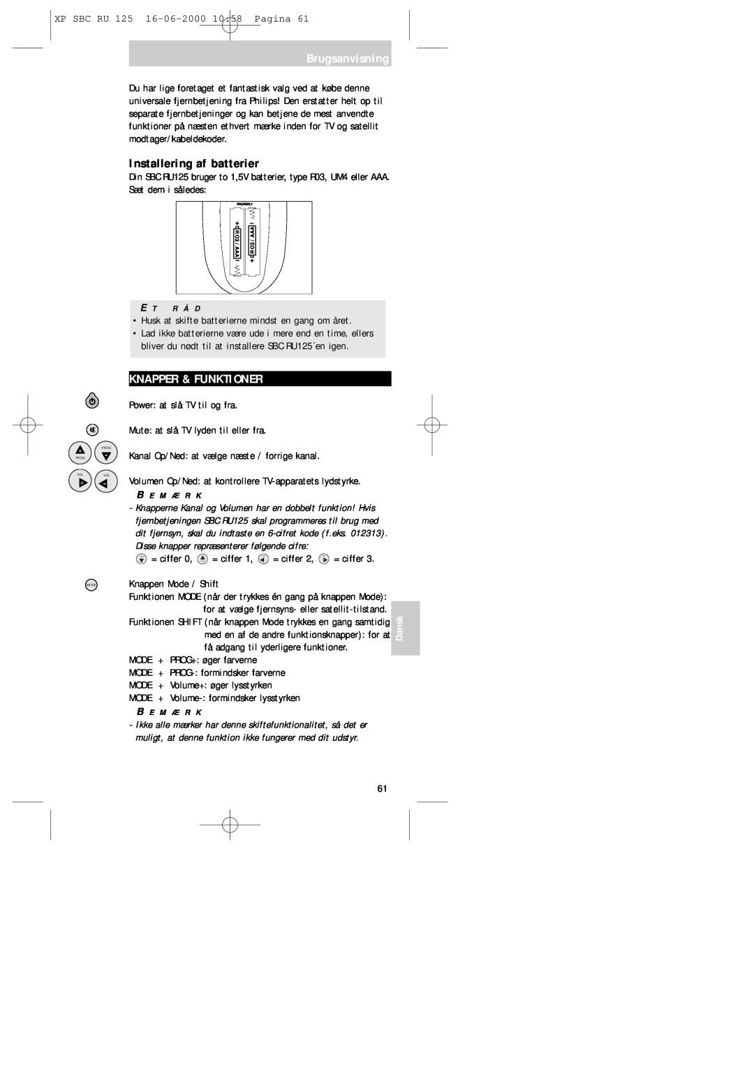 Philips RU125 manual Brugsanvisning, Installering af batterier, Knapper & Funktioner, Dansk 