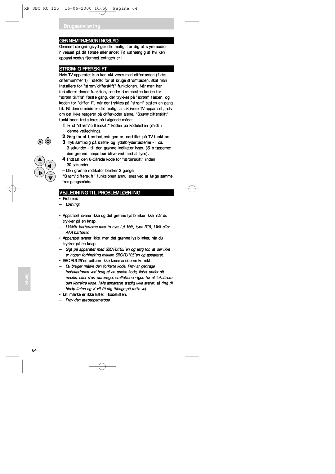 Philips RU125 manual Brugsanvisning GENNEMTRÆNGNINGSLYD, Strøm/Cifferskift, Vejledning Til Problemløsning, Dansk 