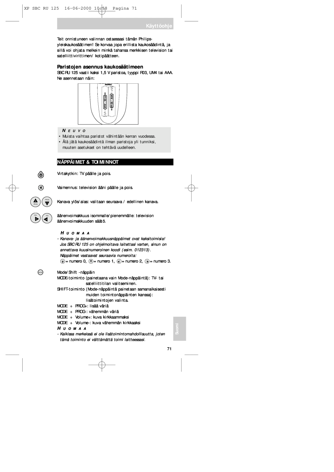 Philips RU125 manual Käyttöohje, Paristojen asennus kaukosäätimeen, Näppäimet & Toiminnot 